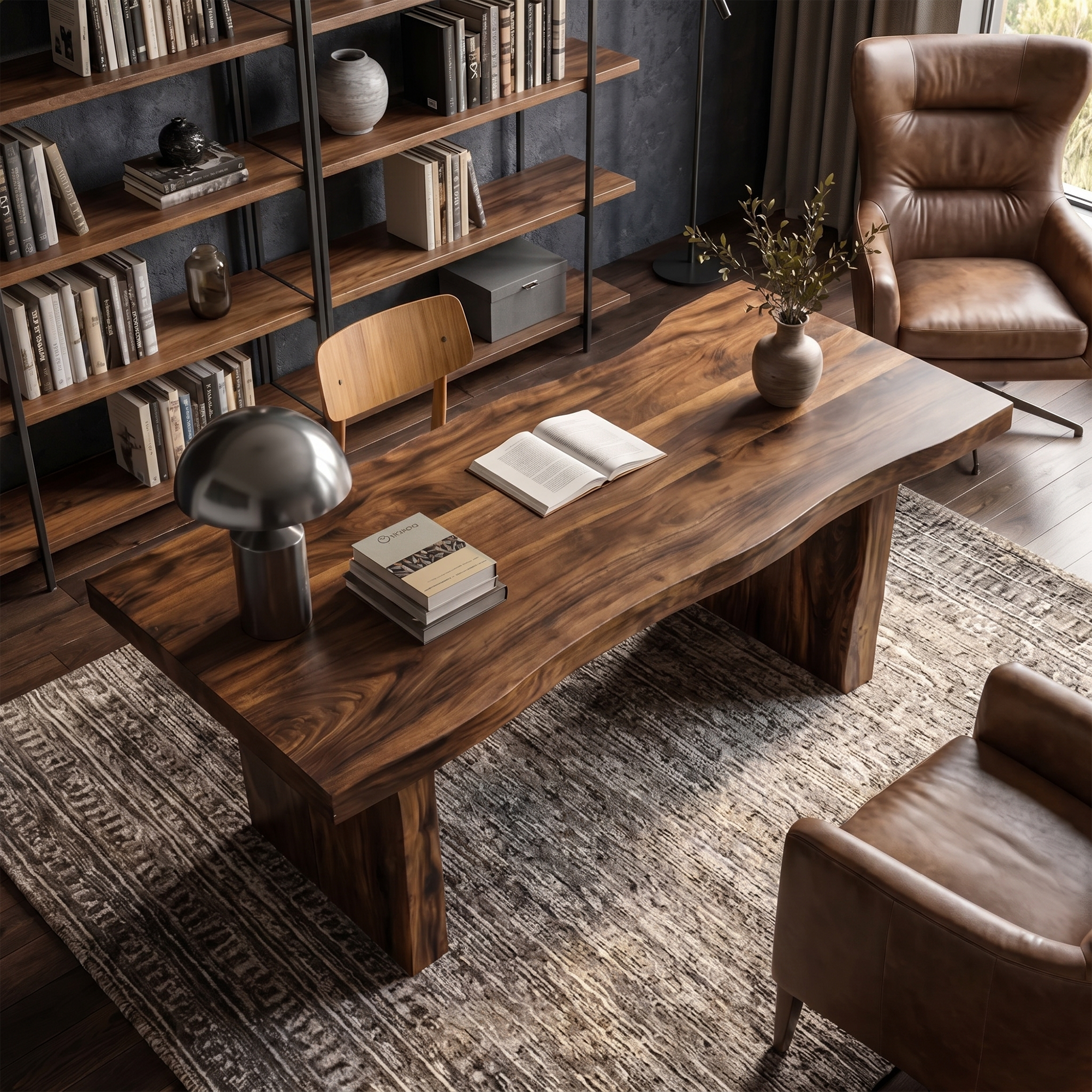 Rustic Desk With Live Edge Top And Sculptural Tree Stump Base For Home Office SINLKIDK116