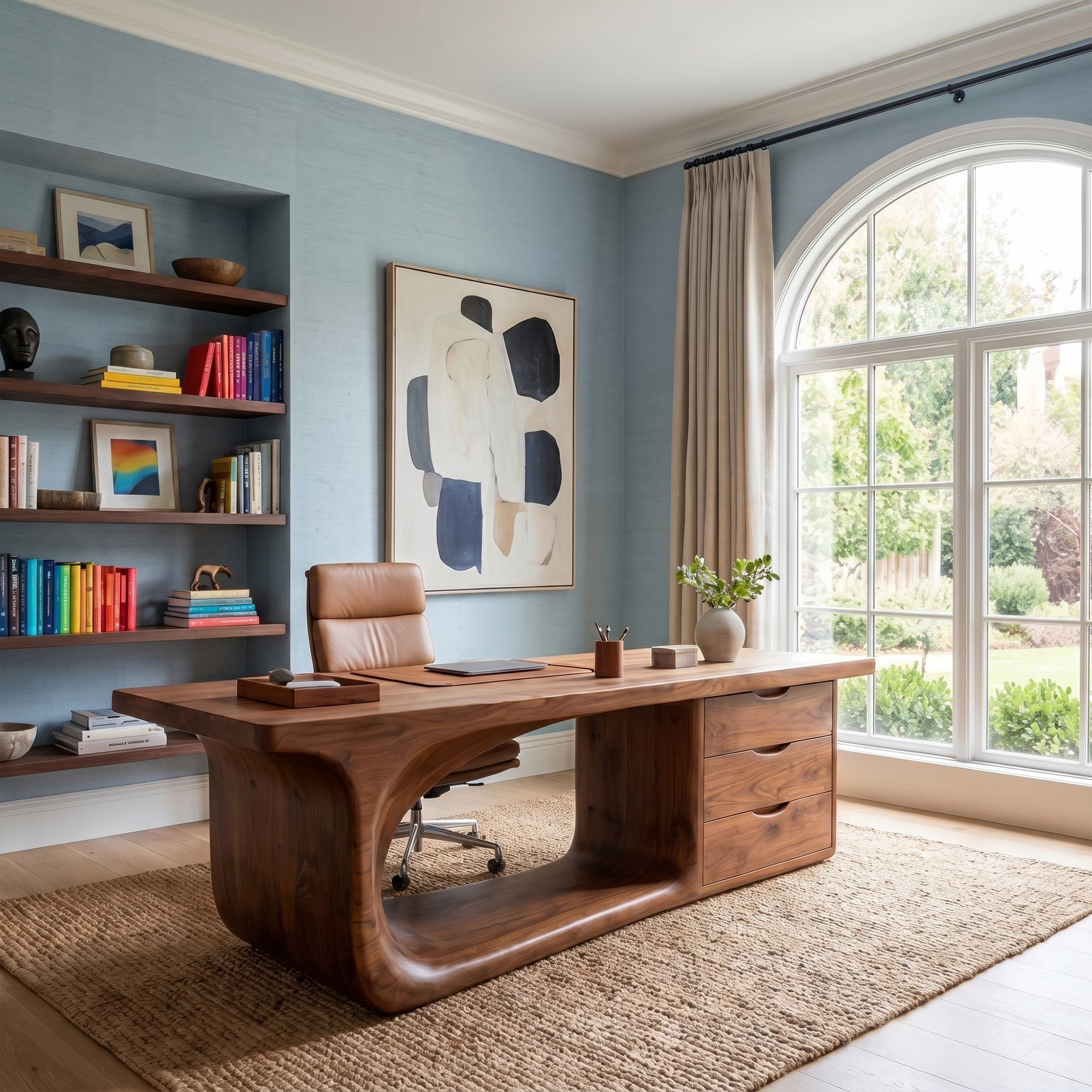 Rustic Executive Desk With Sculptural Solid Wood Base And Integrated Storage For Home Office SINLKIDK117