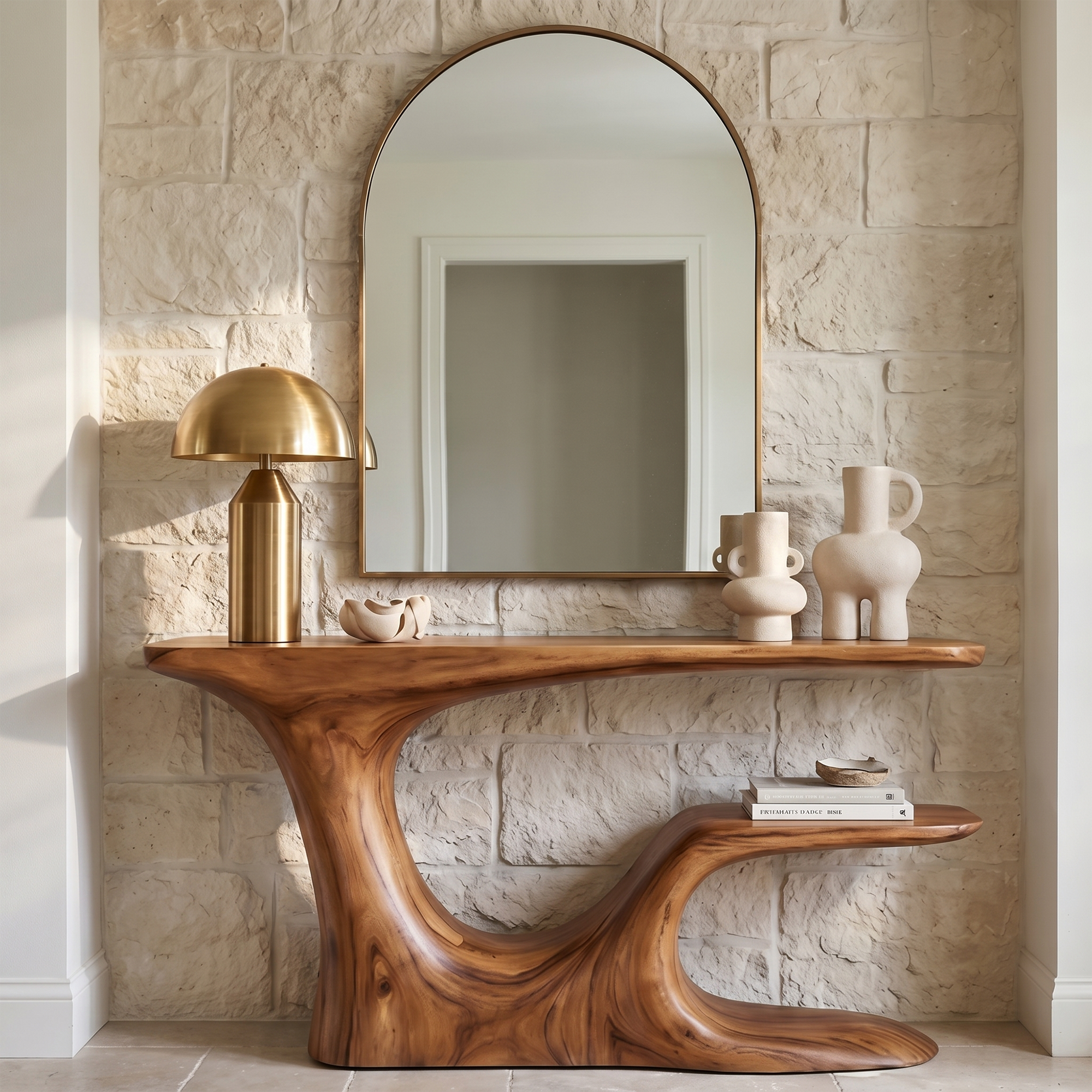 Rustic Organic Console Table With Live Edge Top And Sculptural Solid Wood Base For Entryway SINLKICS603