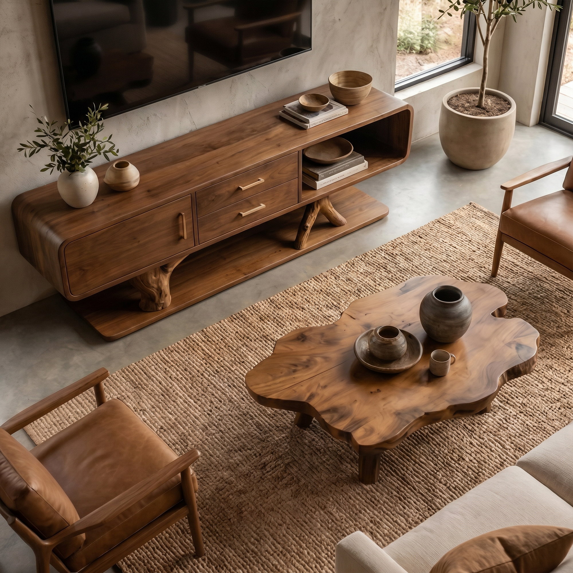 Modern Organic TV Cabinet With Built In Drawer Storage For Living Room SINLKITC046