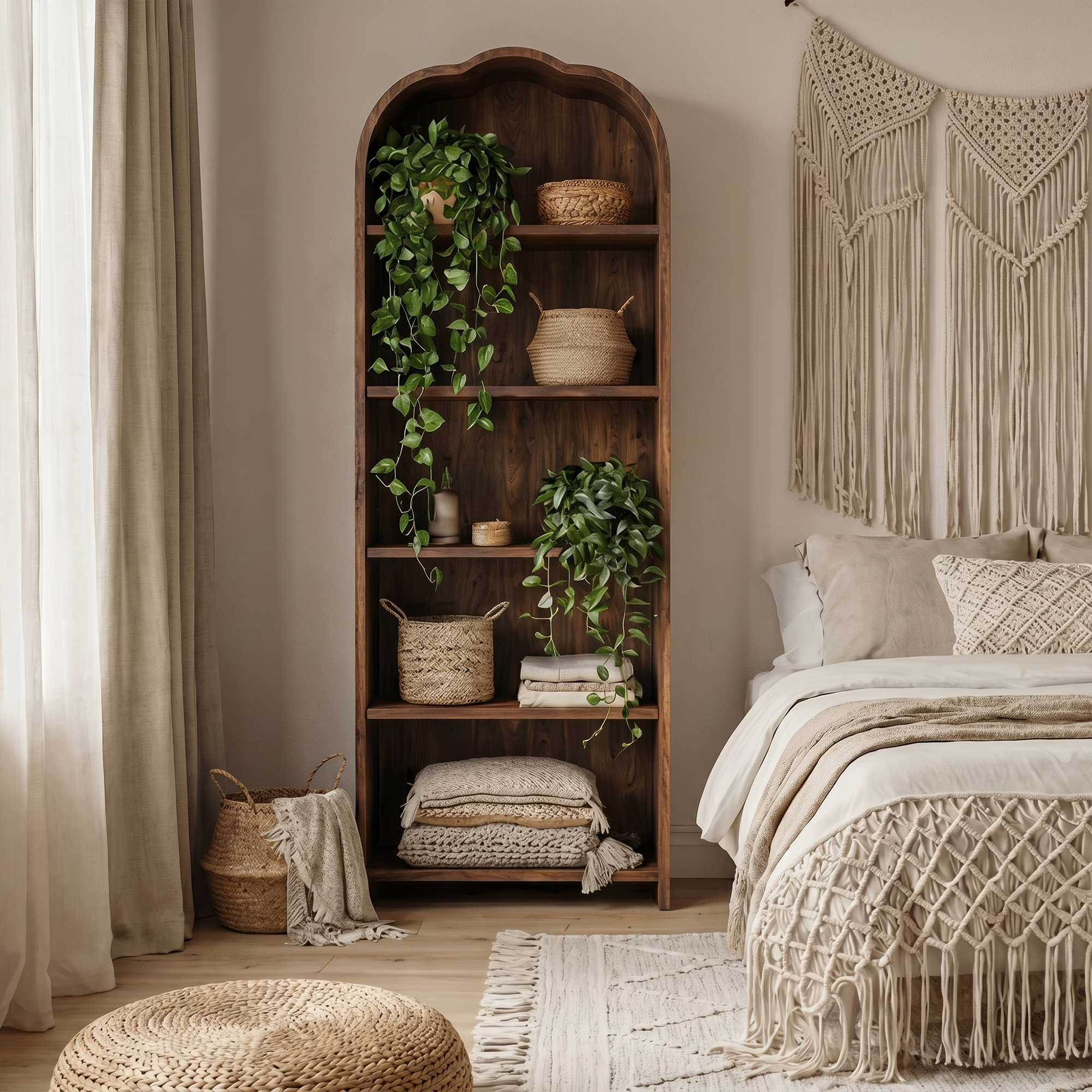 Rustic Arched Bookshelf With Solid Wood Frame And Open Display Shelves For Living Room SINLKIBS034