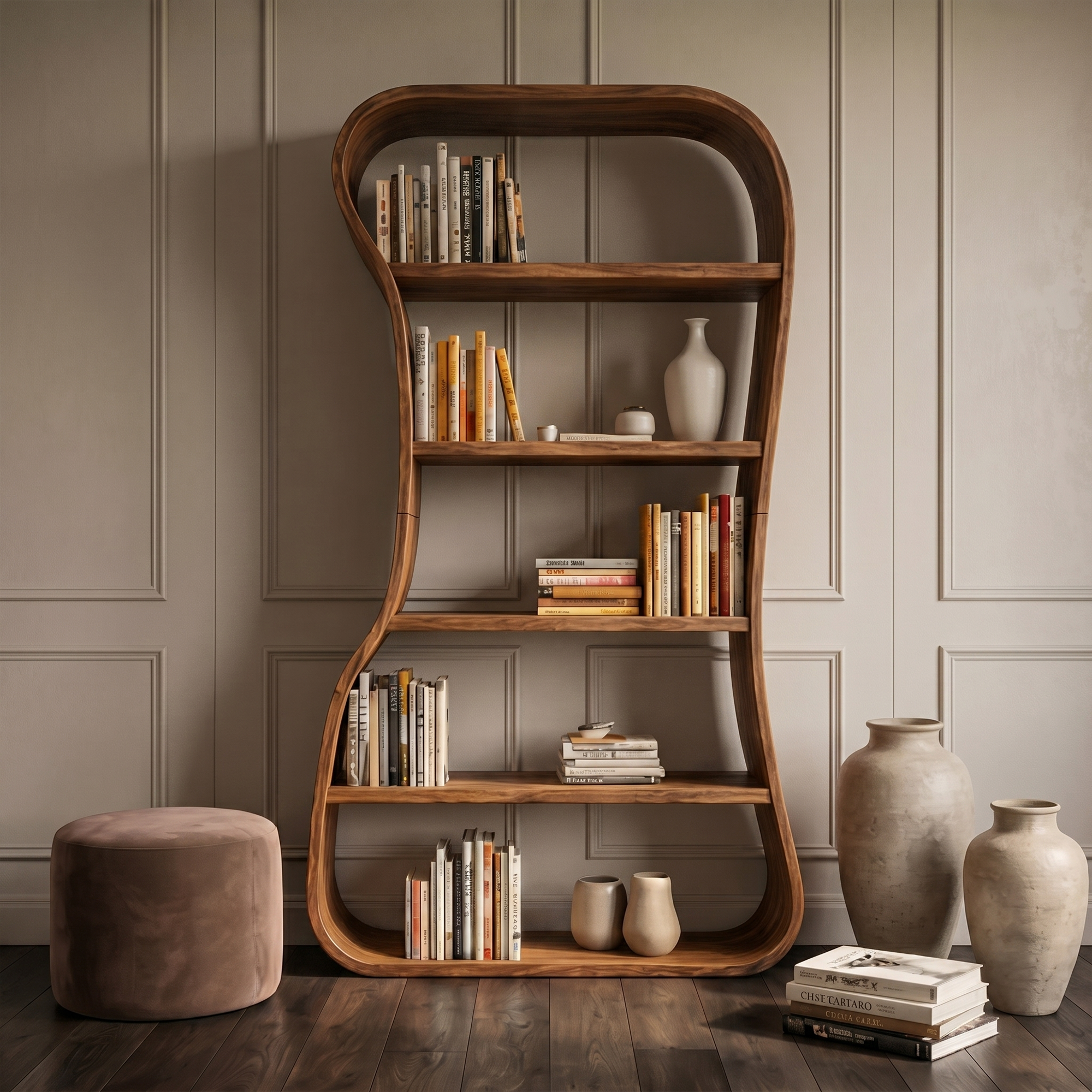 Organic Bookshelf With Sculptural Curved Solid Wood Shelves For Living Room SINLKIBS035