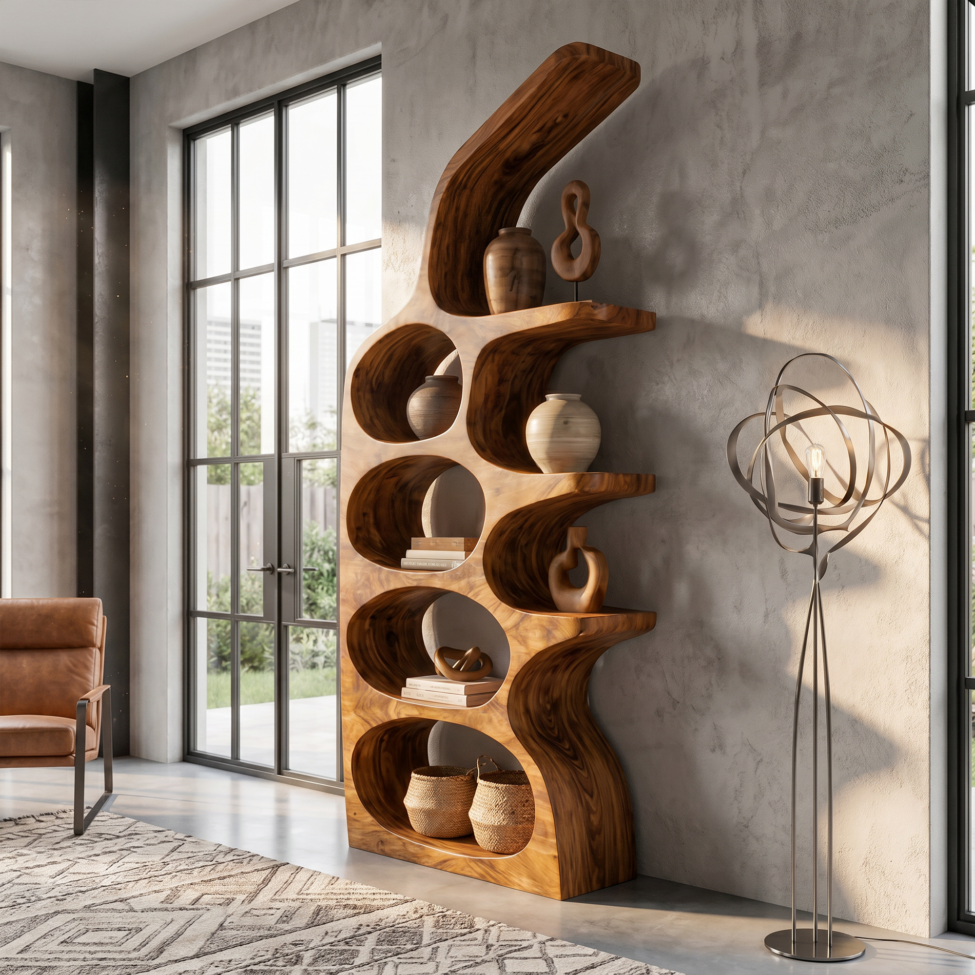 Modern Sculptural Bookshelf With Curved Open Shelves And Solid Wood Design For Living Room SINLKIBS036