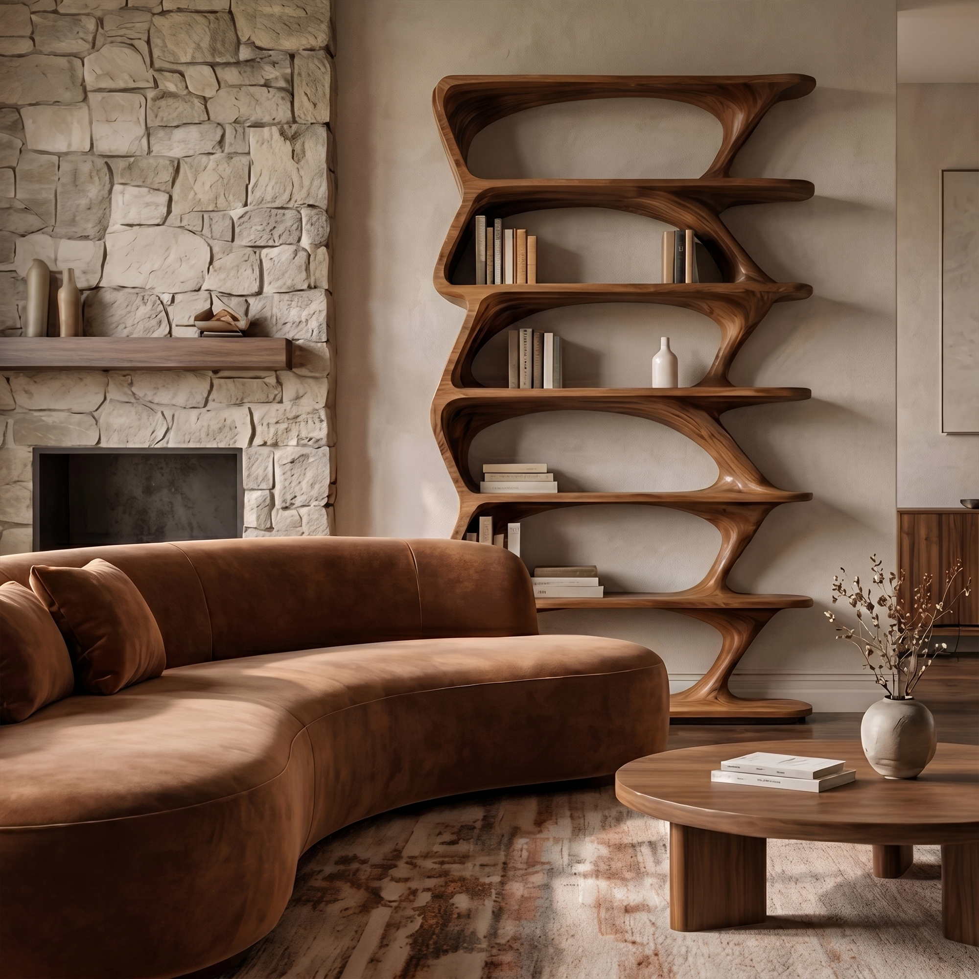 Modern Organic Bookshelf With Sculptural Asymmetrical Shelves And Solid Wood Frame For Living Room SINLKIBS038