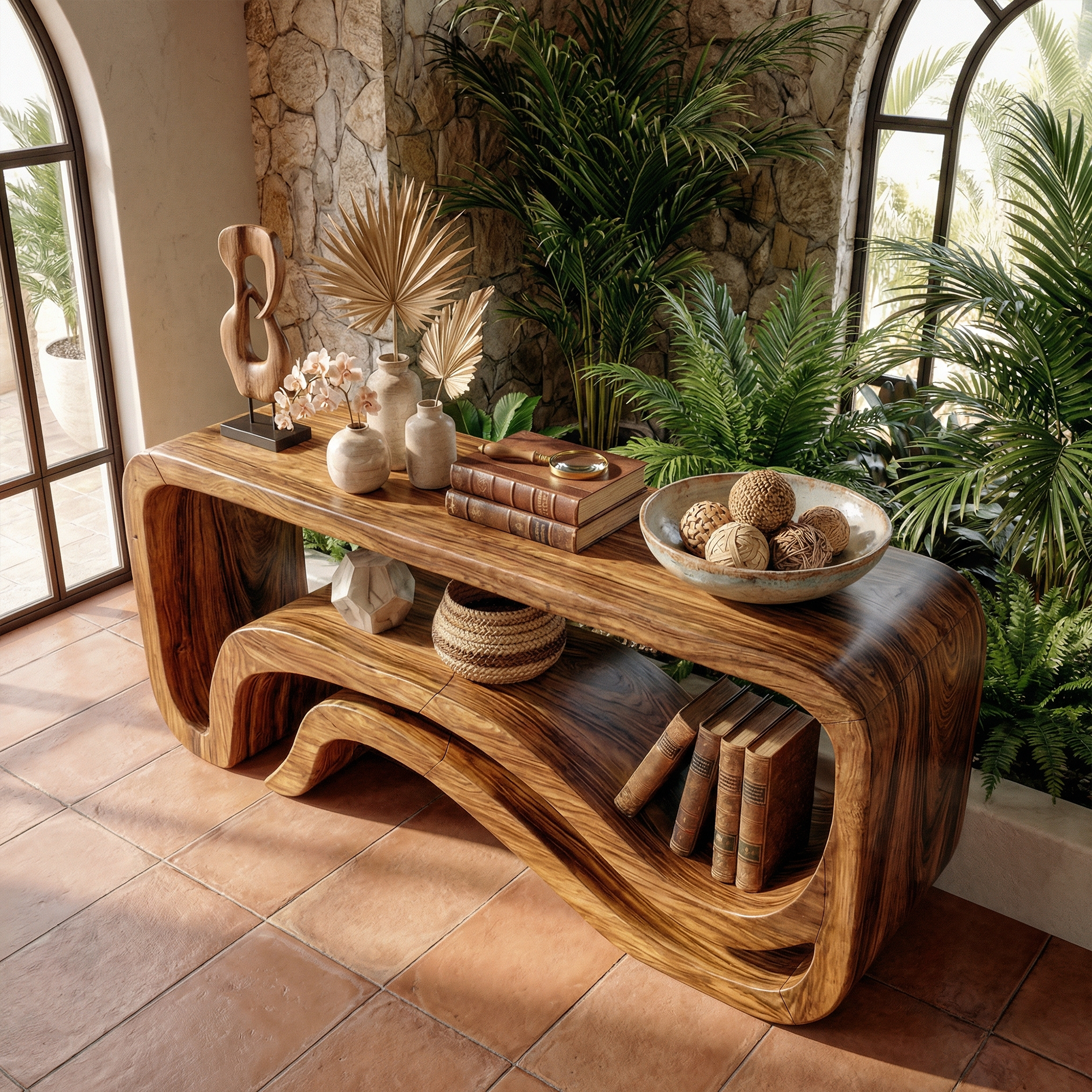 Sculptural Wave Console Table Solid Wood Artistic Flow Form Design Entryway Or Hallway SINLKICS550