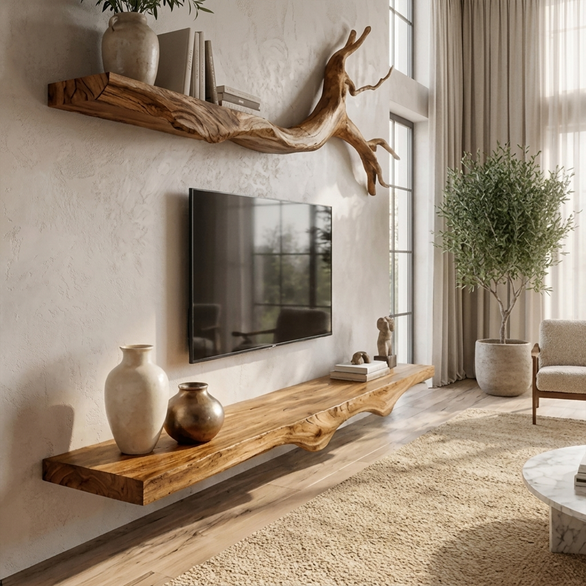 Set 2 Pieces Rustic Floating Wall TV Console Solid Wood Bedroom Living SINLKIFL189