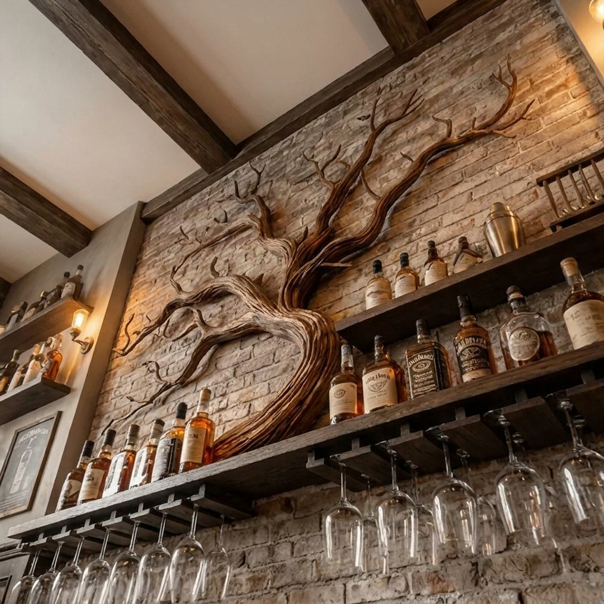 Artistic Tree Branch Wine Rack Wooden Wall Shelf For Kitchen Dining Room Bar SINLKIWR014