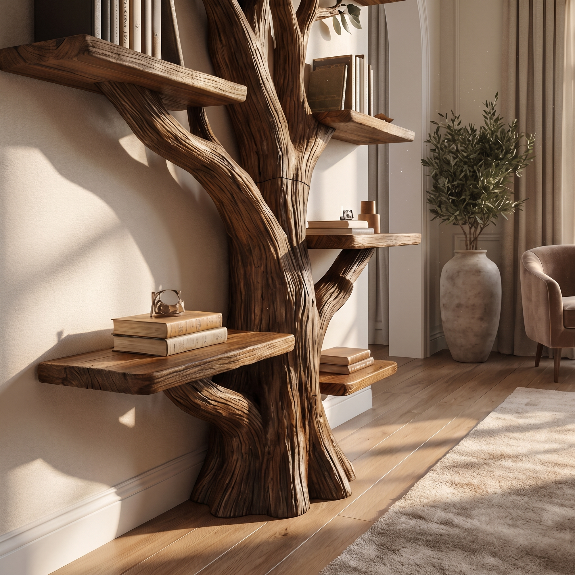 Rustic Solid Wood Tree Bookshelf For Living Room Or Study Room SINLKITB527