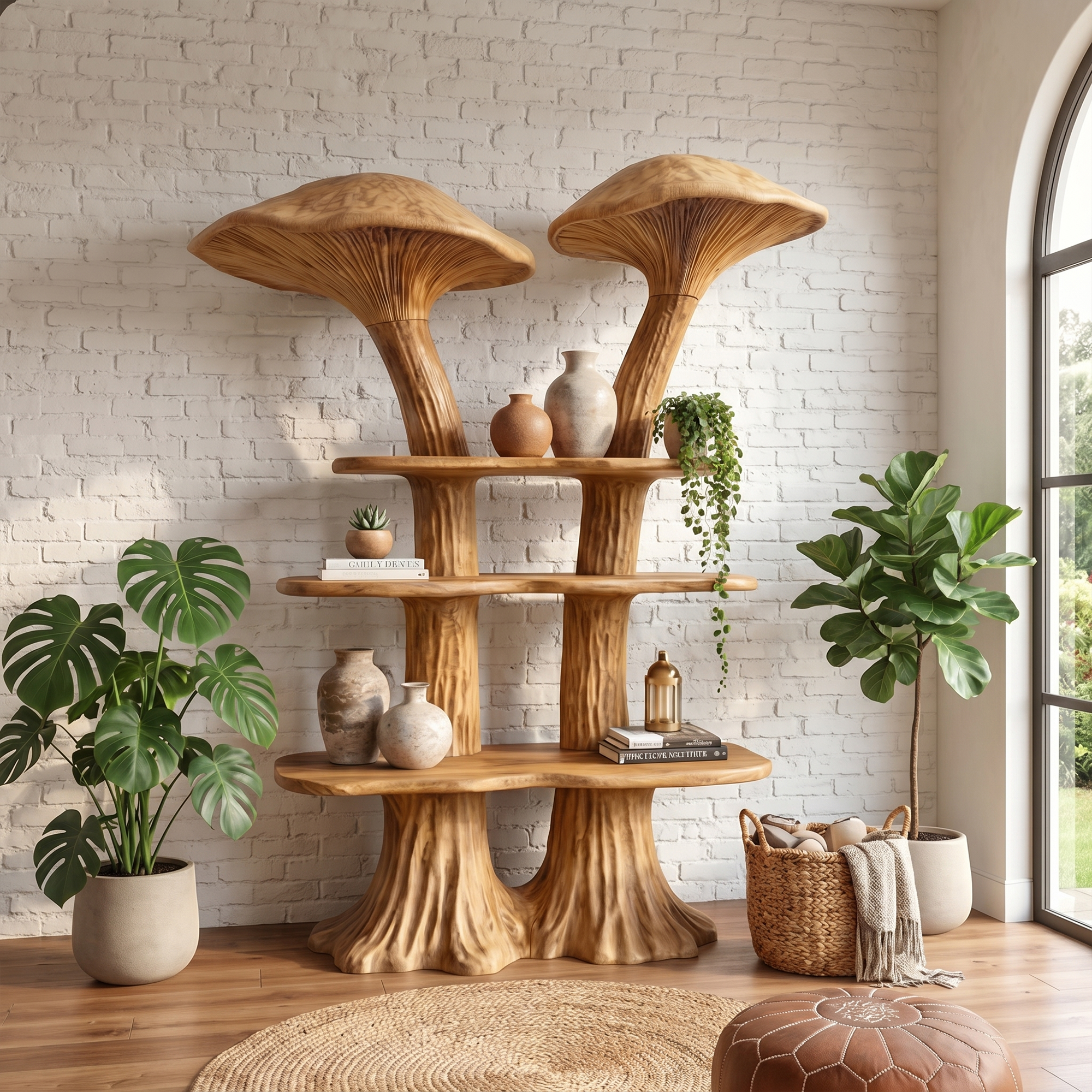 Rustic Mushroom Bookshelf With Handcrafted Solid Wood Shelves For Living Room SINLKITB741