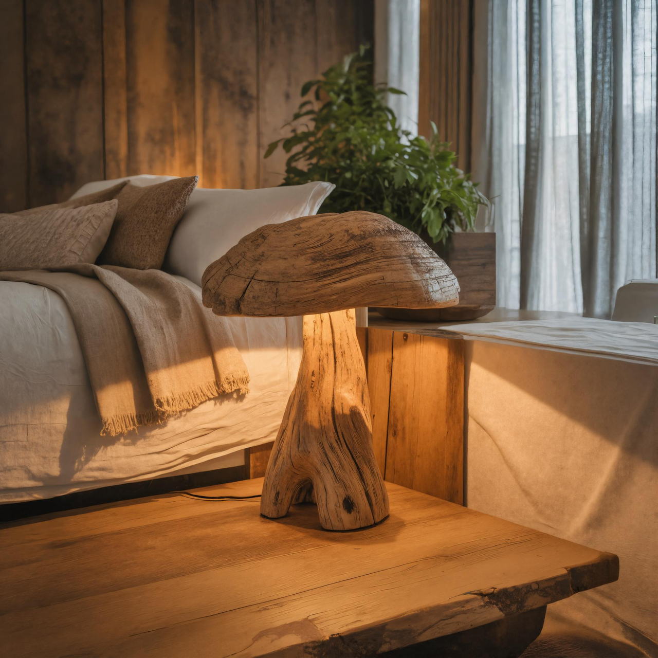 Rustic Wooden Mushroom Table Lamp For Bedroom Or Living Room SITHTTLAM010