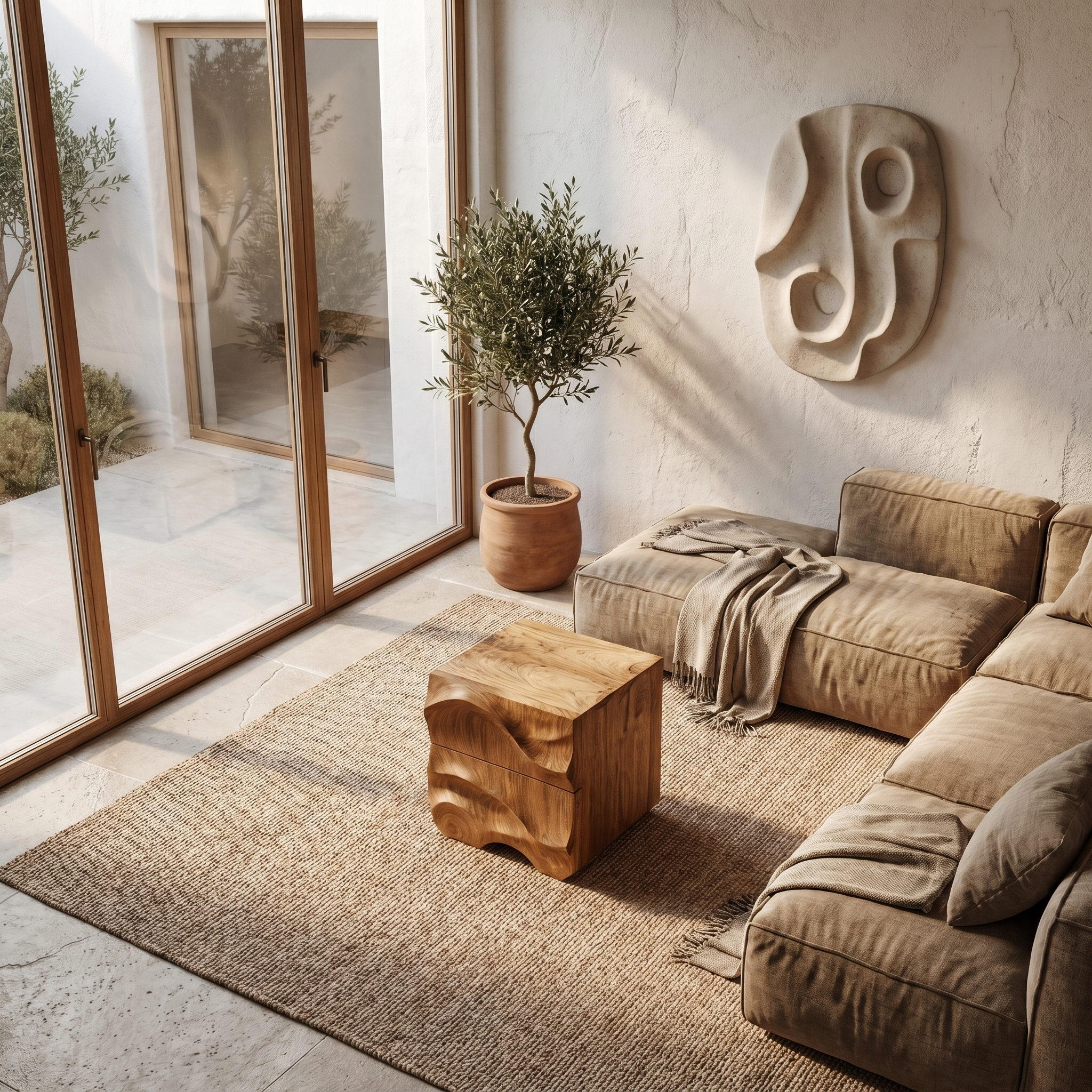 Rustic Sculptural Side Table With Hand Carved Solid Wood Base For Living Room And Bedroom SINLHABT253