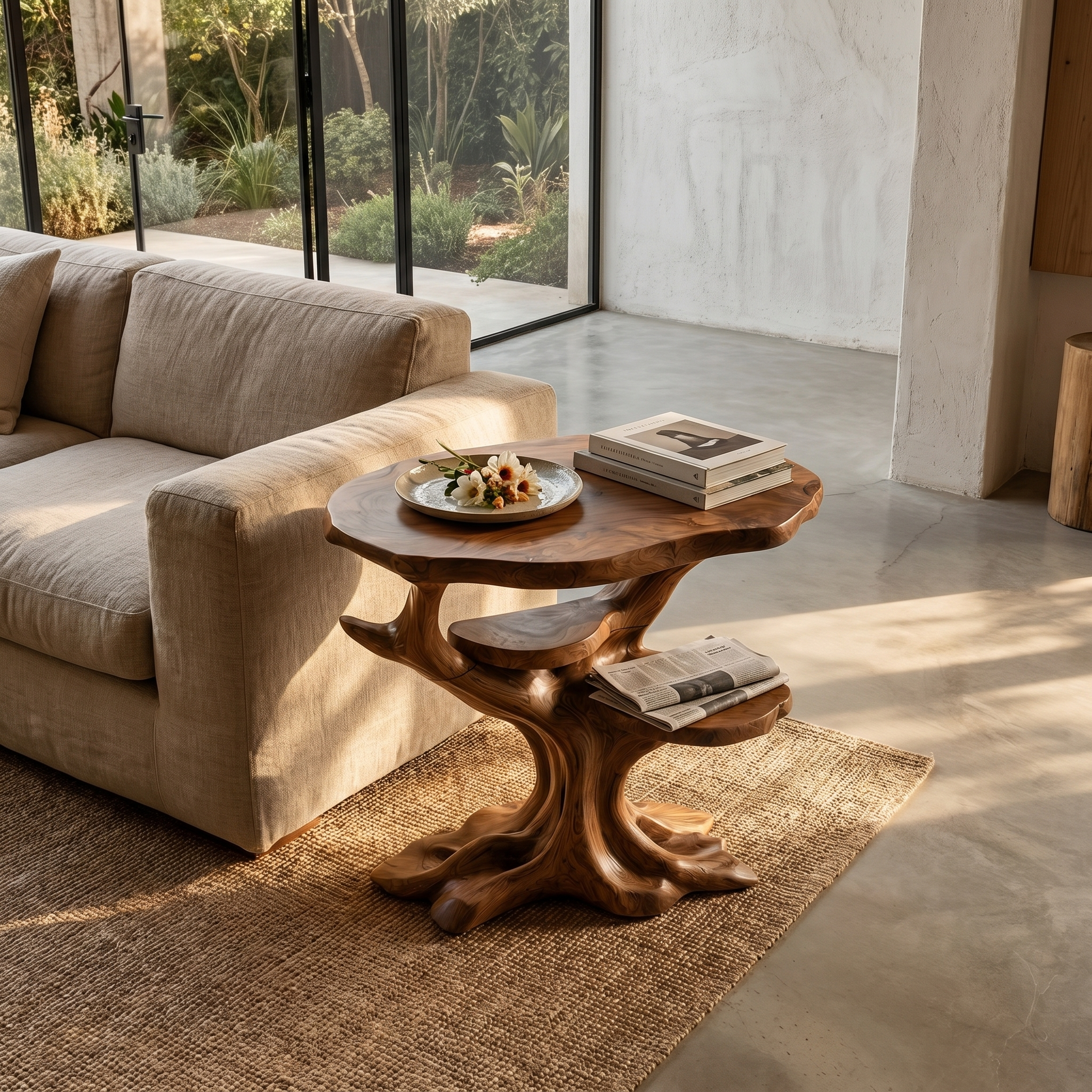 Organic Sculptural Side Table With Multi Tier Solid Wood Shelves For Living Room And Bedroom SINLHABT257