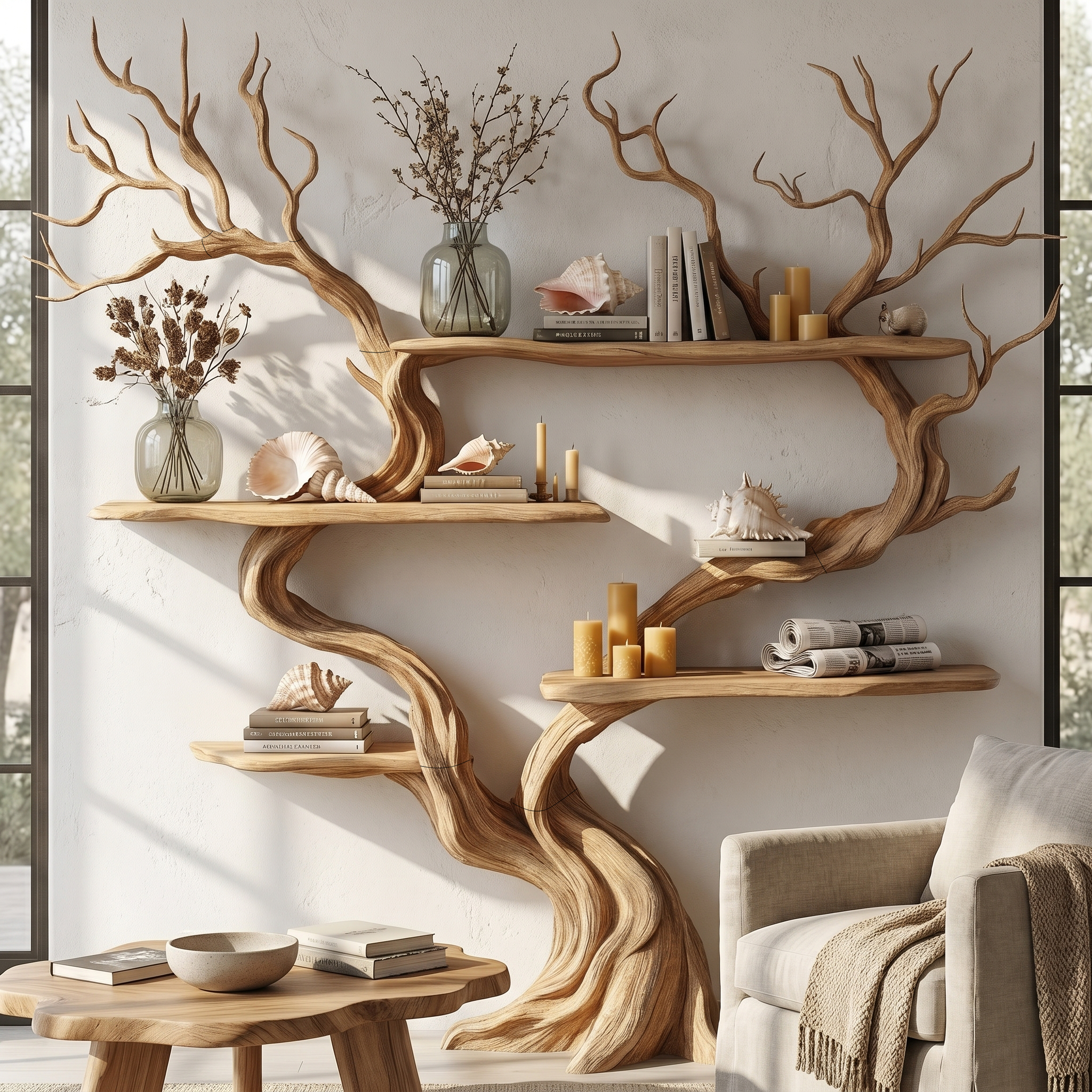 Organic Tree Wall Shelf With Multi Tier Display Shelves For Home SINLHATB758