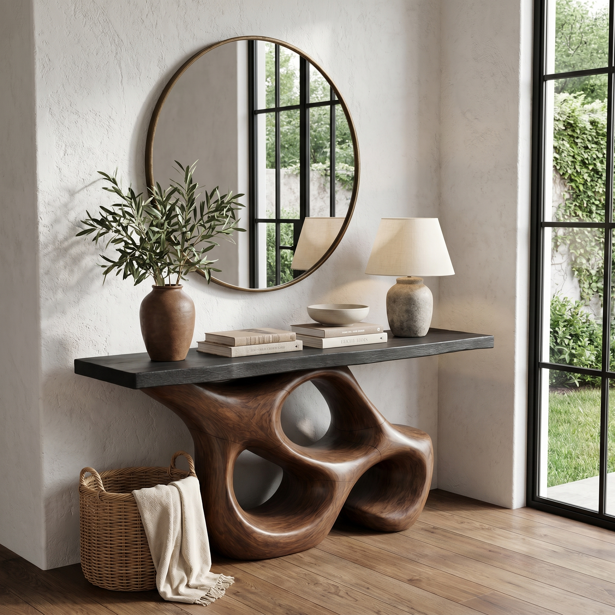Artistic Sculptural Console Table With Abstract Hollow Wood Base For Living Room SINLHACS579