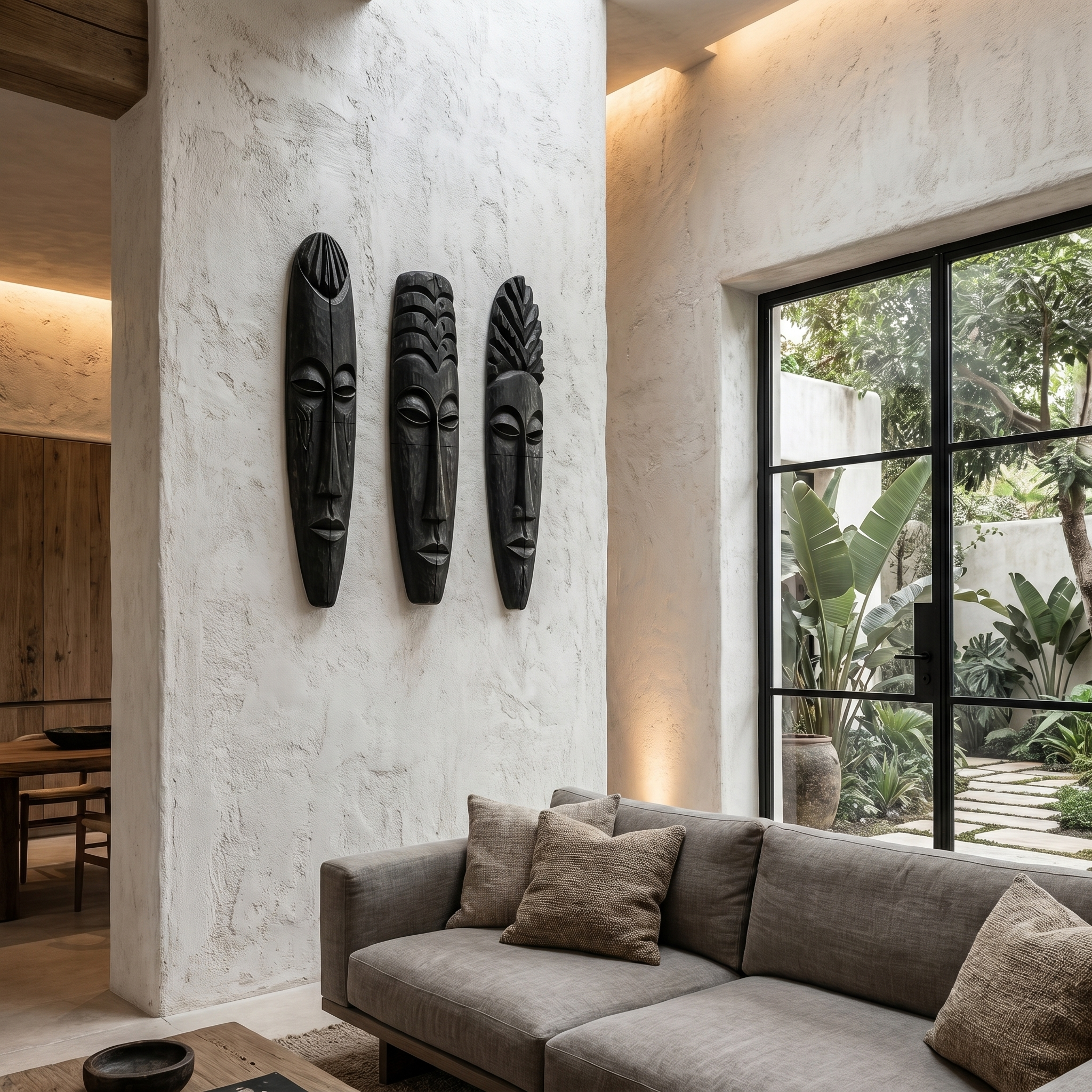 Tribal Wooden Wall Art Set With Hand Carved African Mask Design For Living Room And Entryway SINLHAWD100