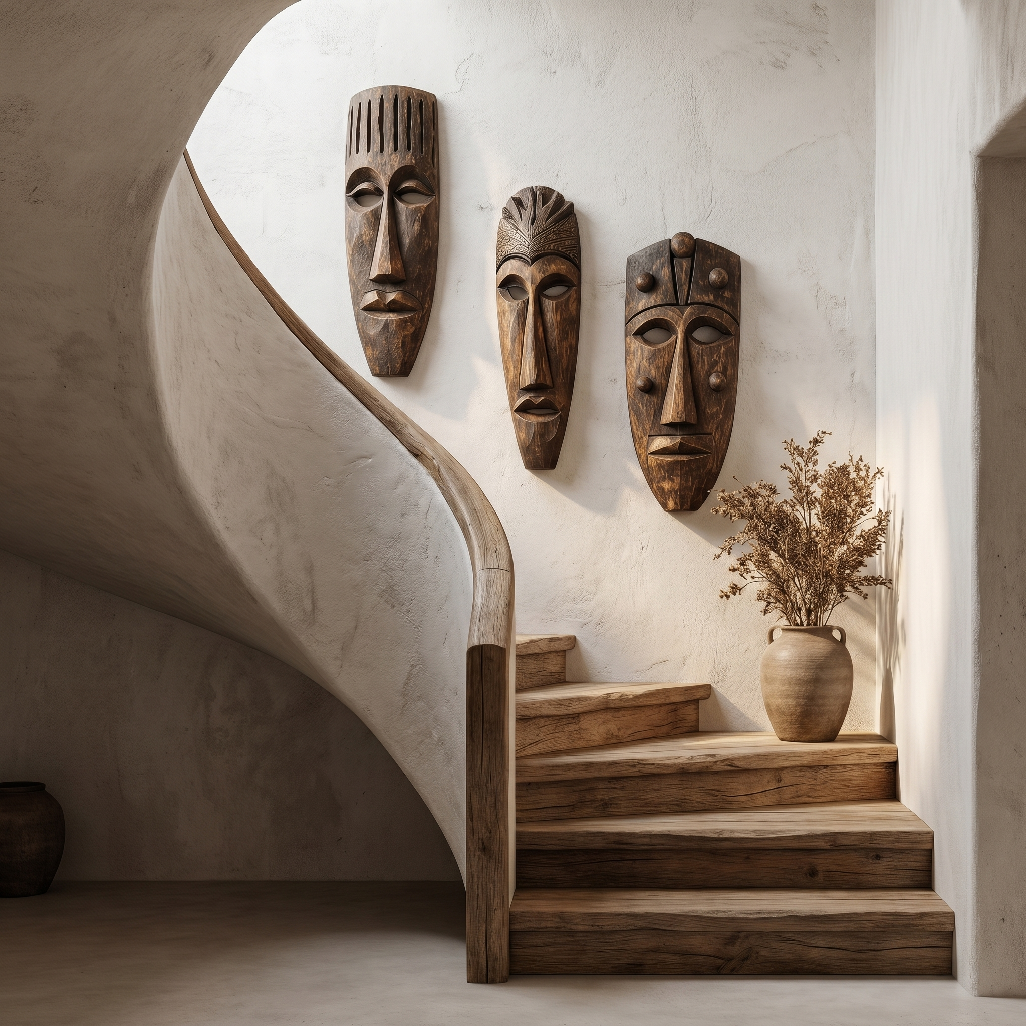 Hand Carved Wooden Wall Art Set With Tribal Mask Design For Living Room And Entryway SINLHAWD101