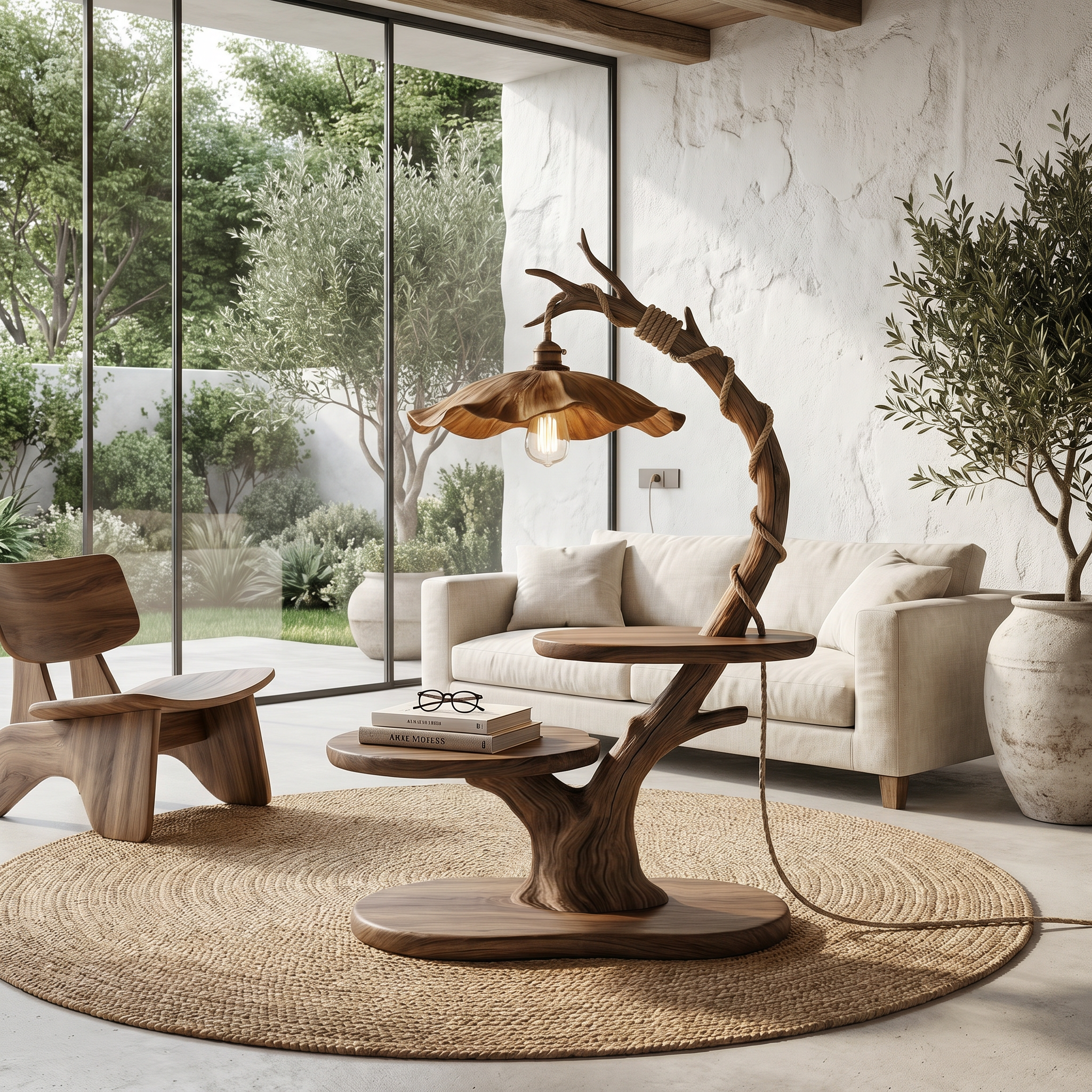 Sculptural Beside Table With Tree Branch Lamp And Open Storage Shelves For Bedroom SINLHABT265