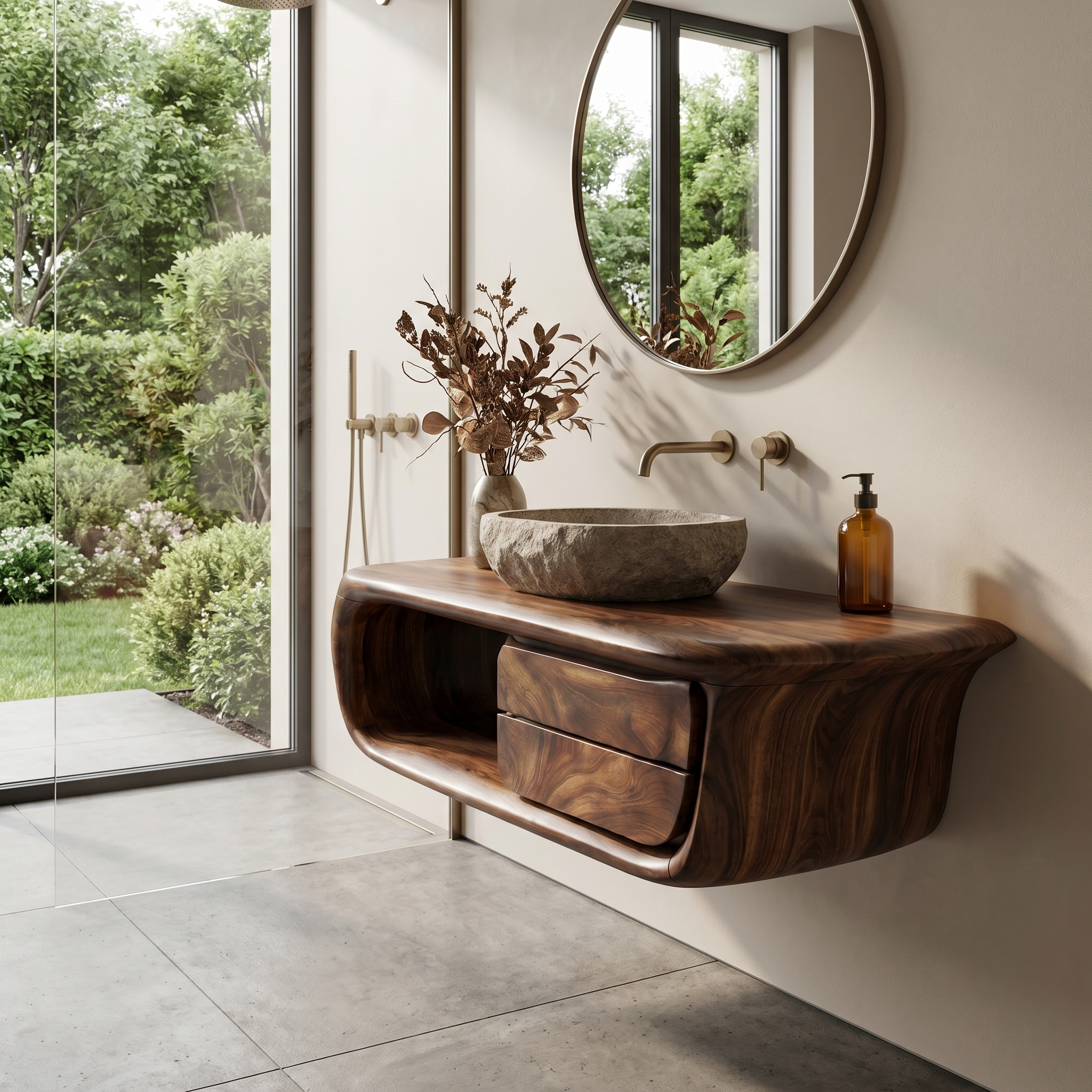 Floating Bathroom Vanity With Curved Wooden Base And Storage Drawer For Modern Bathroom SINLKIBRV304