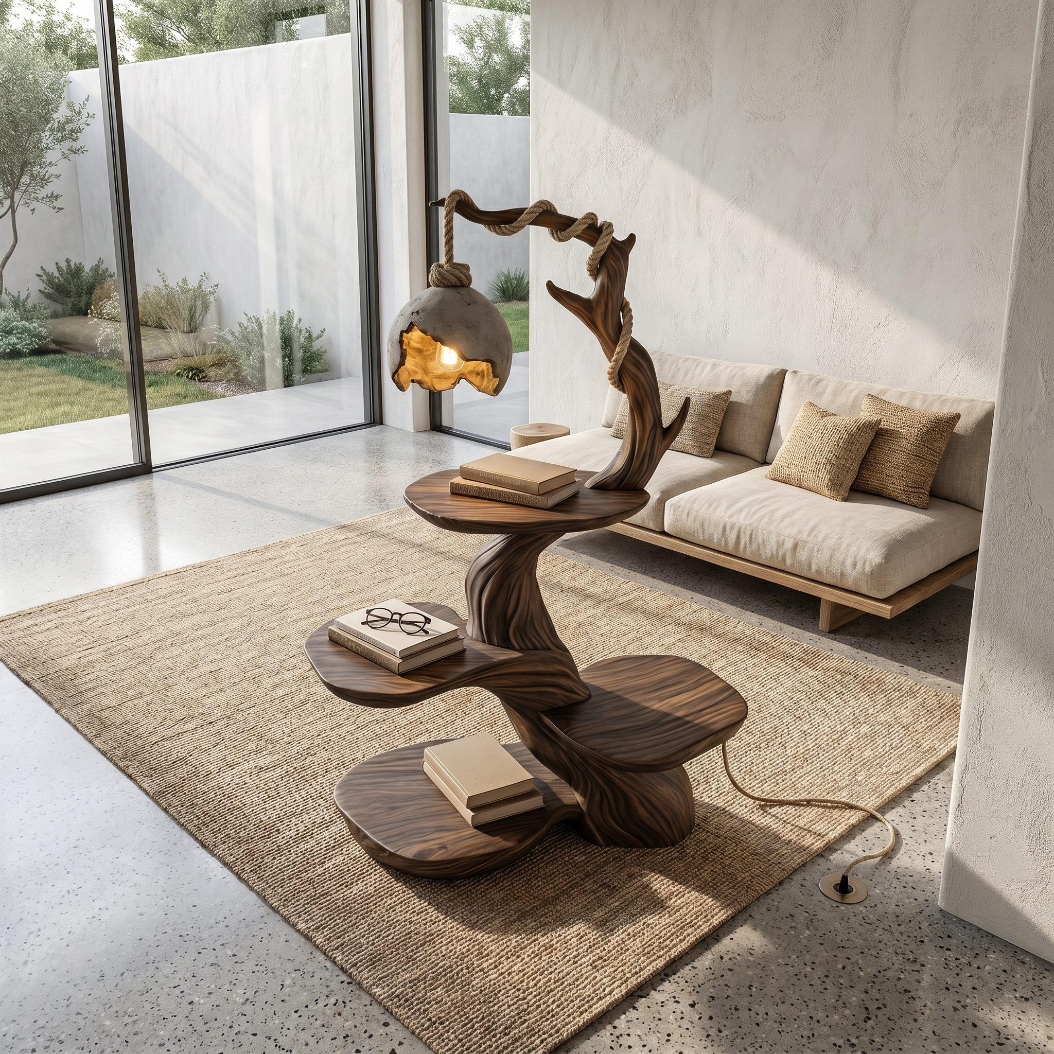 Nature Inspired Beside Table With Sculptural Tree Form And Ambient Lamp For Bedroom SINLHABT266