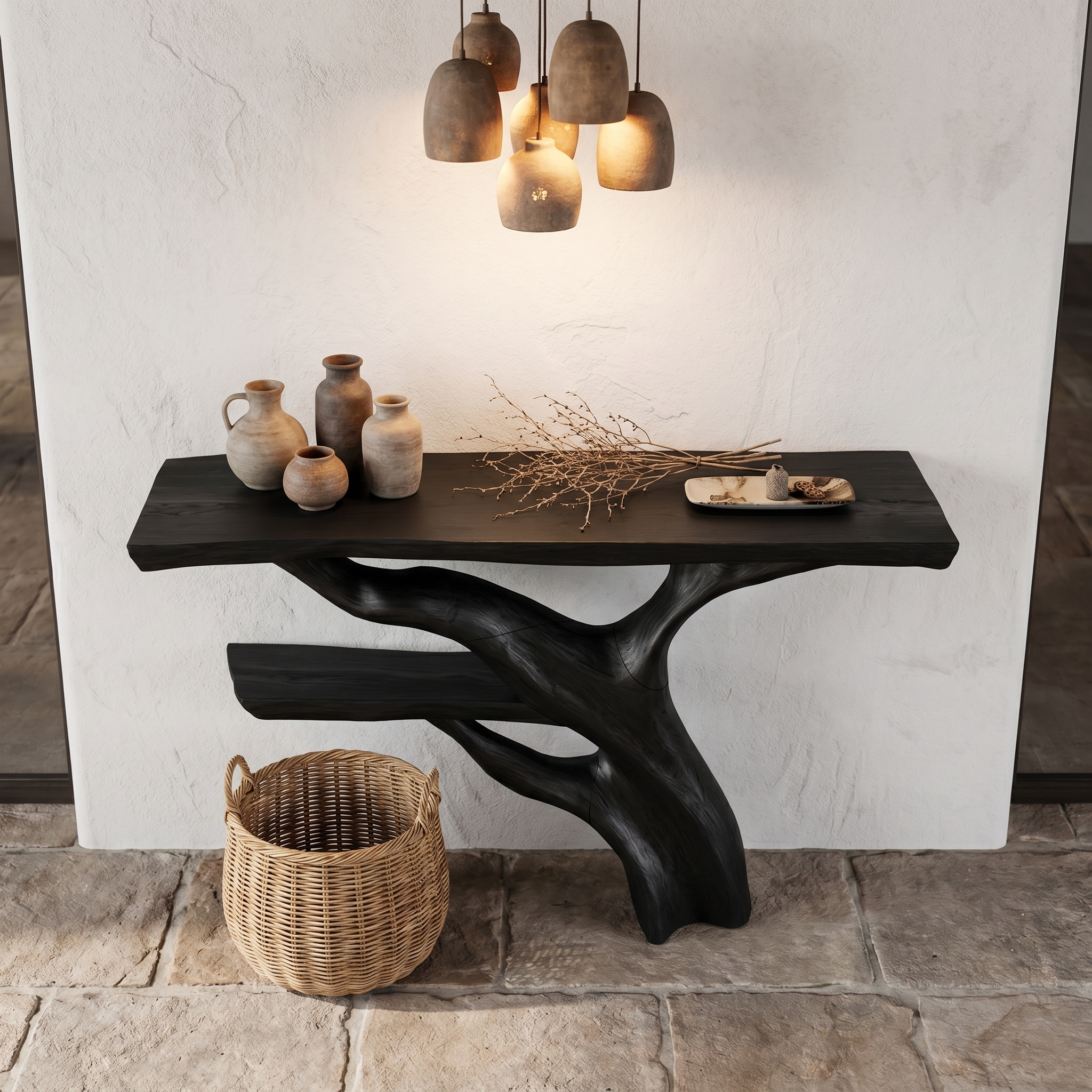Sculptural Console Table With Abstract Branch Inspired Base And Solid Wood Top For Entryway SINLHACS588