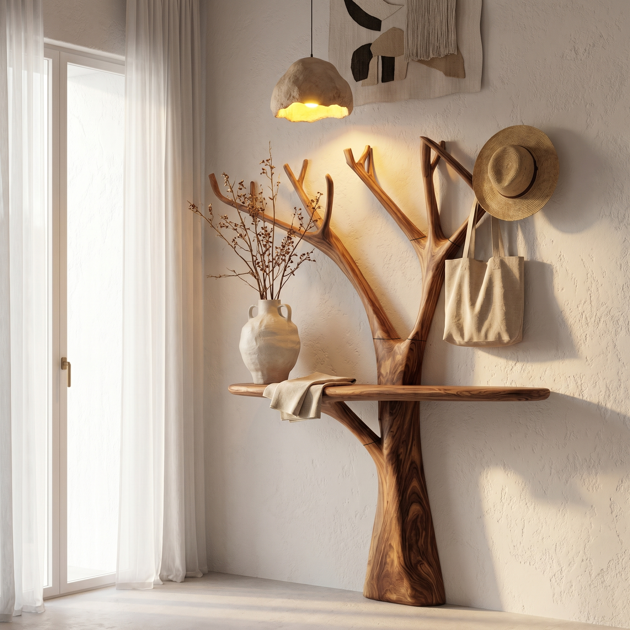 Rustic Organic Console Table With Tree Branch Wood Base For Living Room SINLHACS602