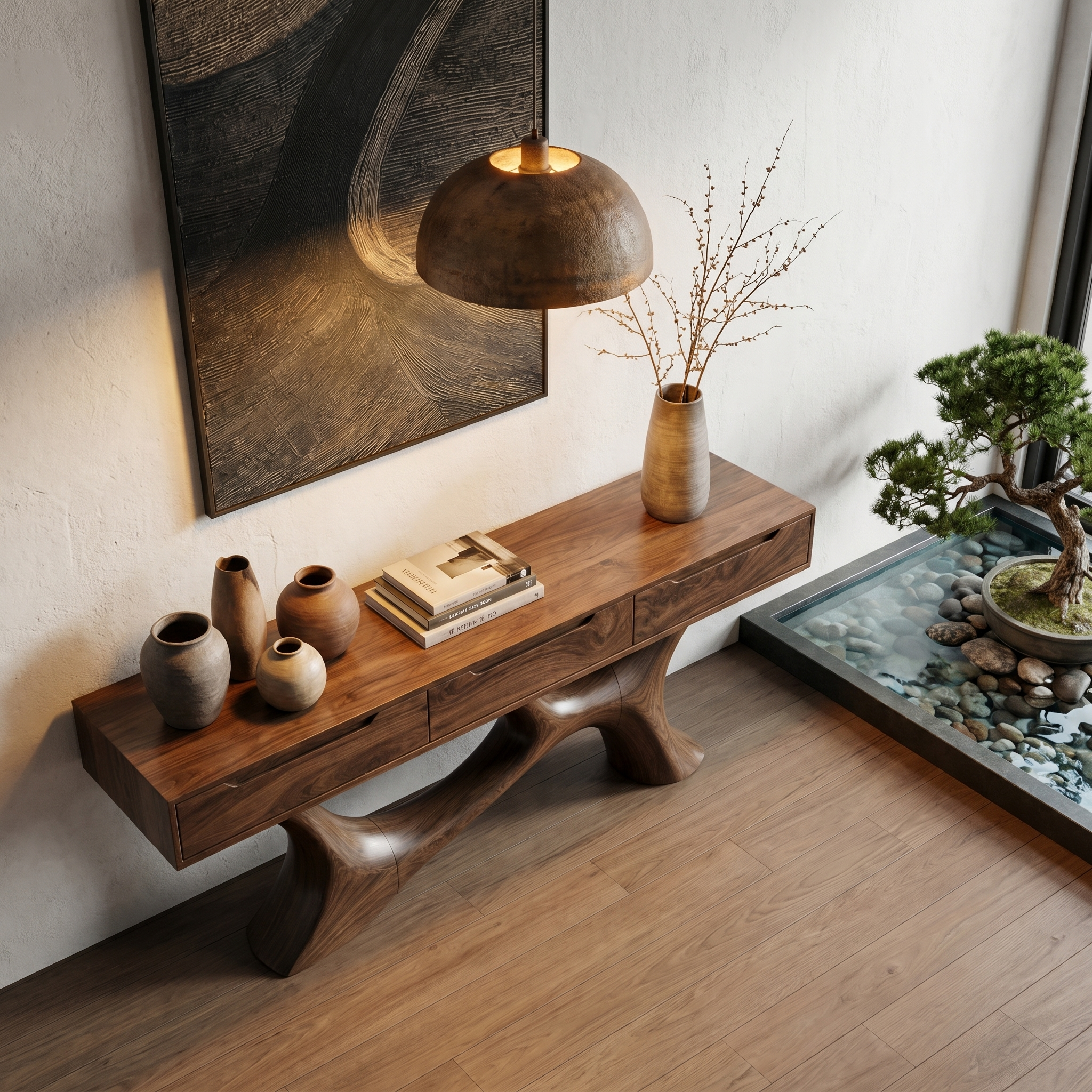 Modern Console Table With Built In Storage Cabinet And Sculptural Curved Wood Base For Entryway And Living Room SINLHACS591