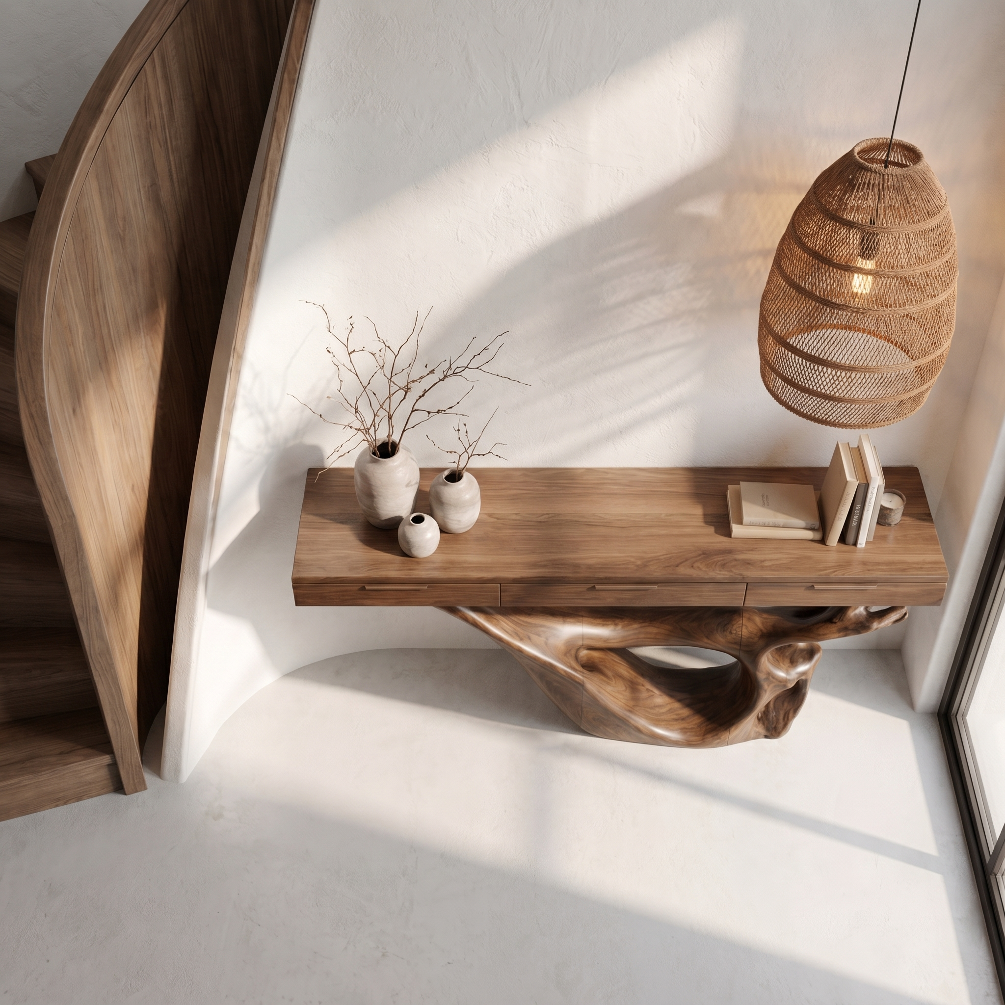 Minimal Console Table With Sculptural Curved Loop Wood Base And Solid Wood Top For Entryway And Living Room SINLHACS592
