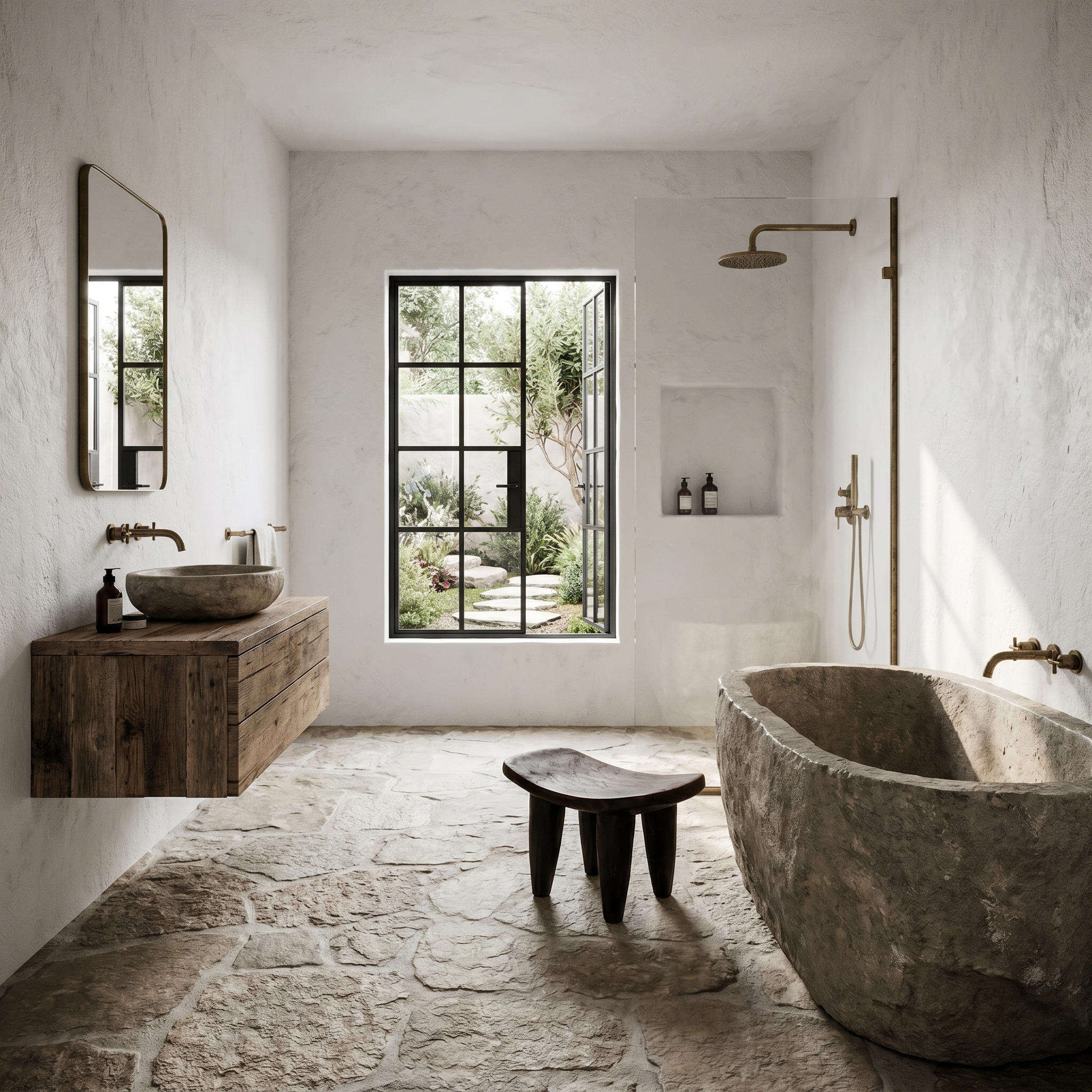 Rustic Wooden Stool With Artistic Solid Wood Form For Bathroom SINLHAWS008