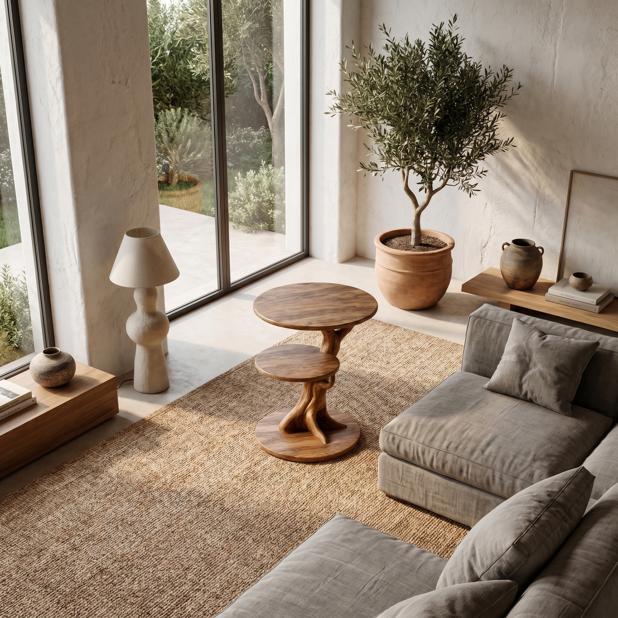 Organic Sculptural Side Table With Twisted Solid Wood Pedestal Base For Living Room SINLHABT252