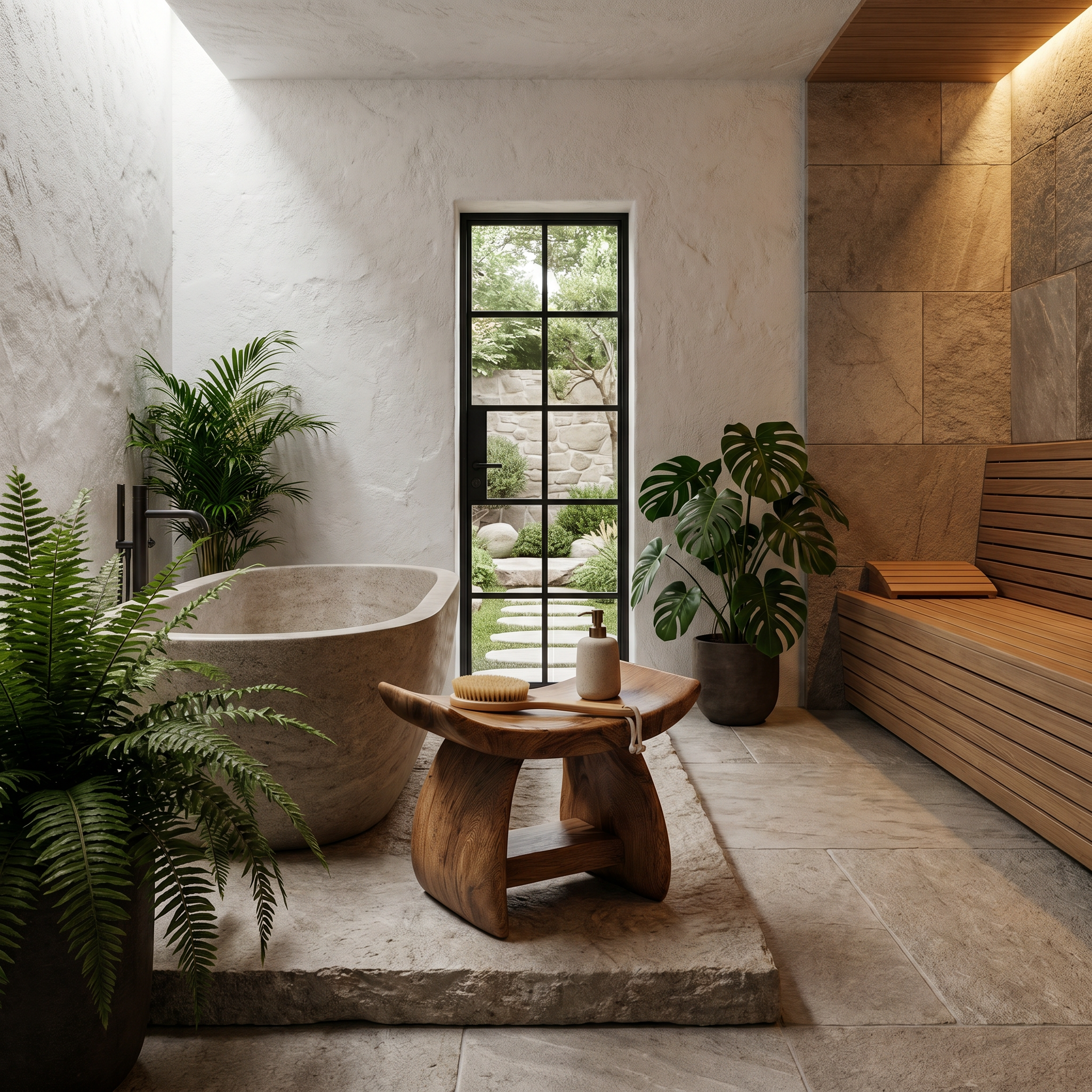 Nature Inspired Bathroom Stool With Sculptural Wood Design For Bathroom SINLHAWS014
