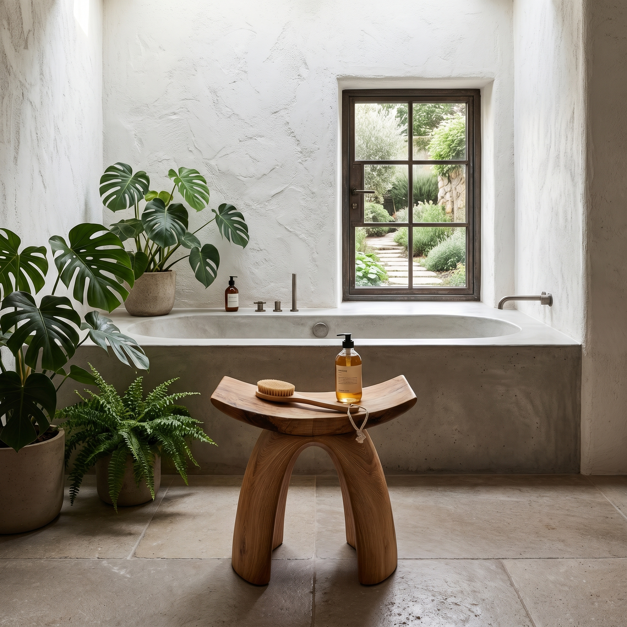 Organic Modern Shower Stool With Sculptural Wood Base For Bathroom SINLHAWS015