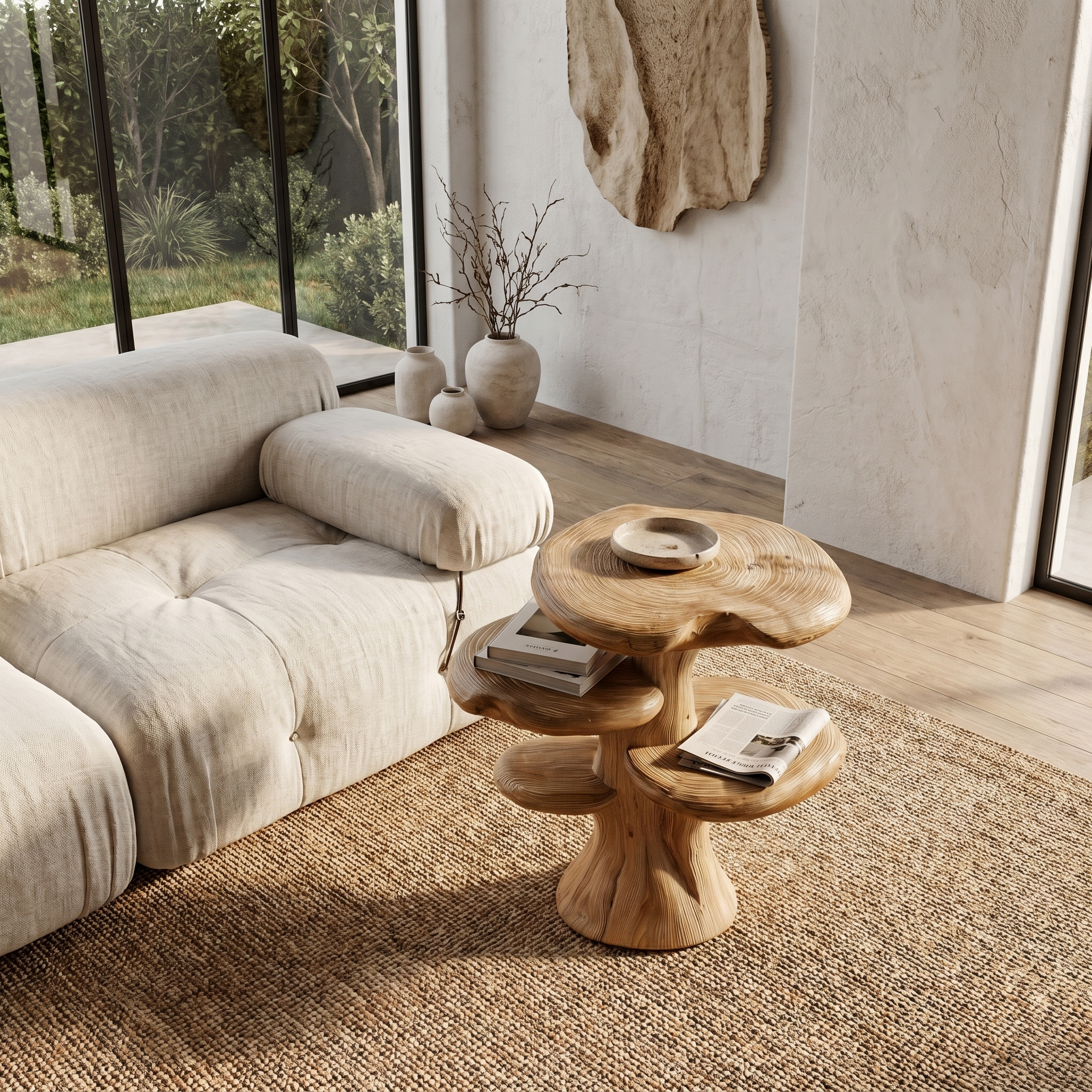Organic Sculptural Beside Table With Tiered Solid Wood Shelves For Living Room SINLHABT262