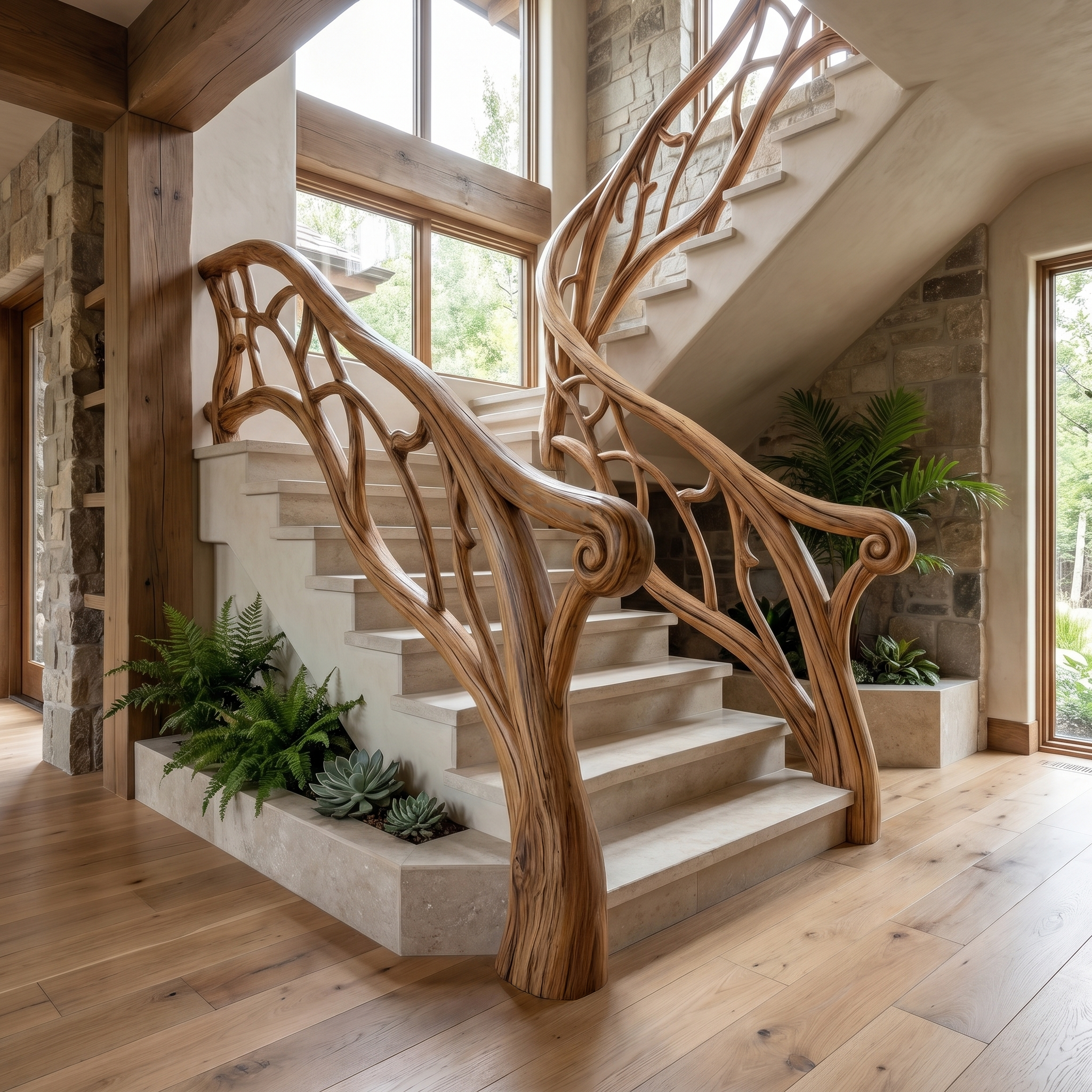 Artistic Tree Branch Stair Railing With Sculptural Wood Design For Interior Staircase SINLHAST014