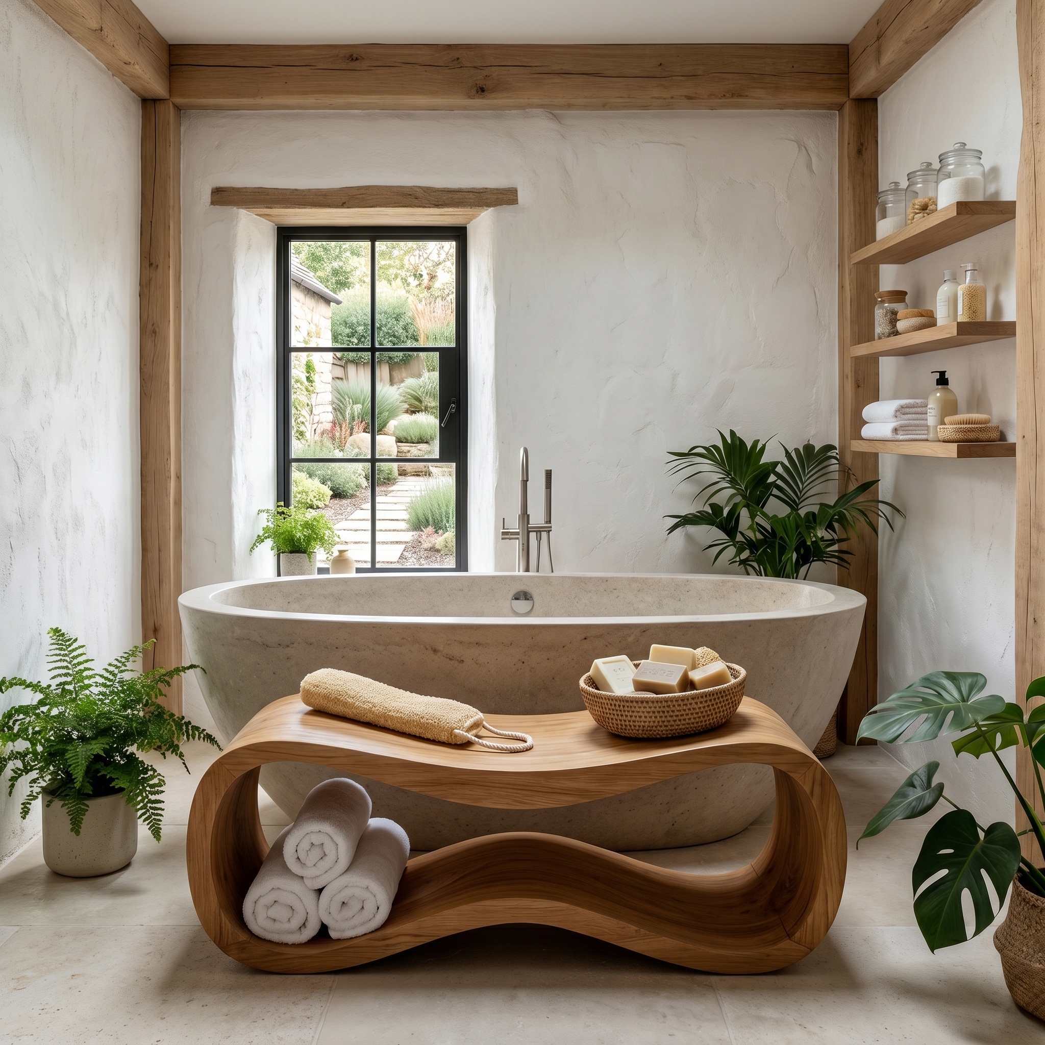 Sculptural Wooden Shower Bench For Bathroom SINLHARS124