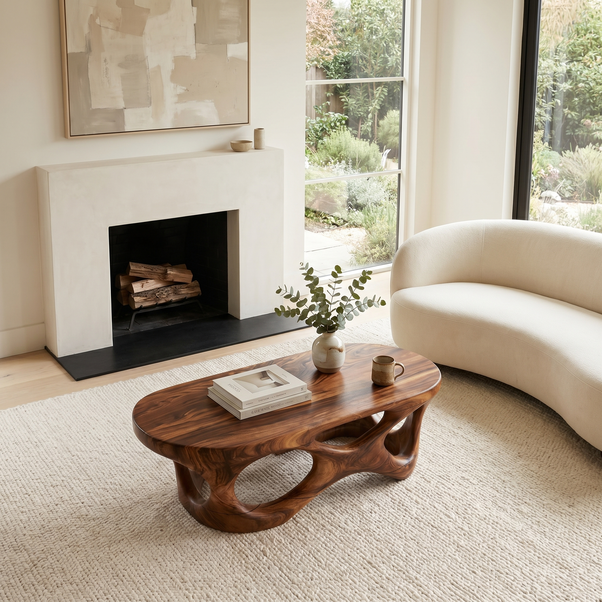 Sculptural Coffee Table With Interlocking Wood Base For Living Room SINLHACF370