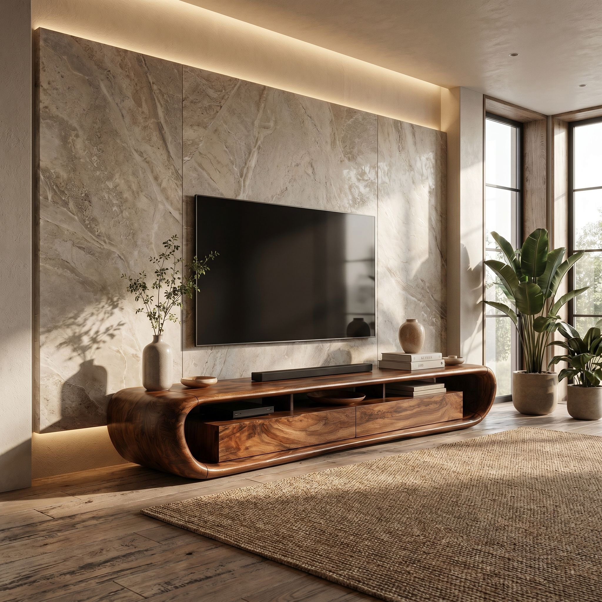 Organic TV Cabinet With Built In Storage And Rounded Curved Edges For Living Room SINLHATC037