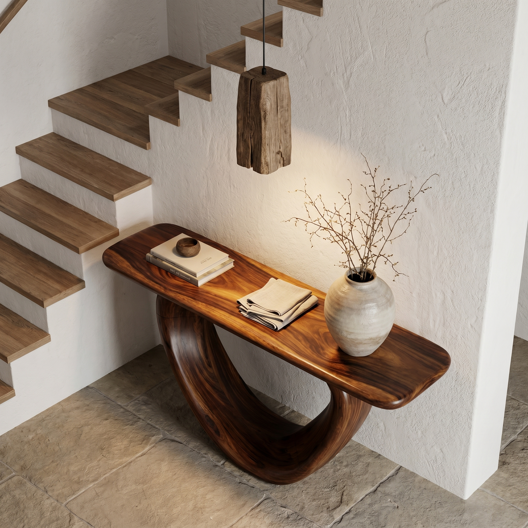 Sculptural Console Table With Loop Shaped Wooden Base Live Edge Console Table With Unique Sculptural Base Design SINLHACS585