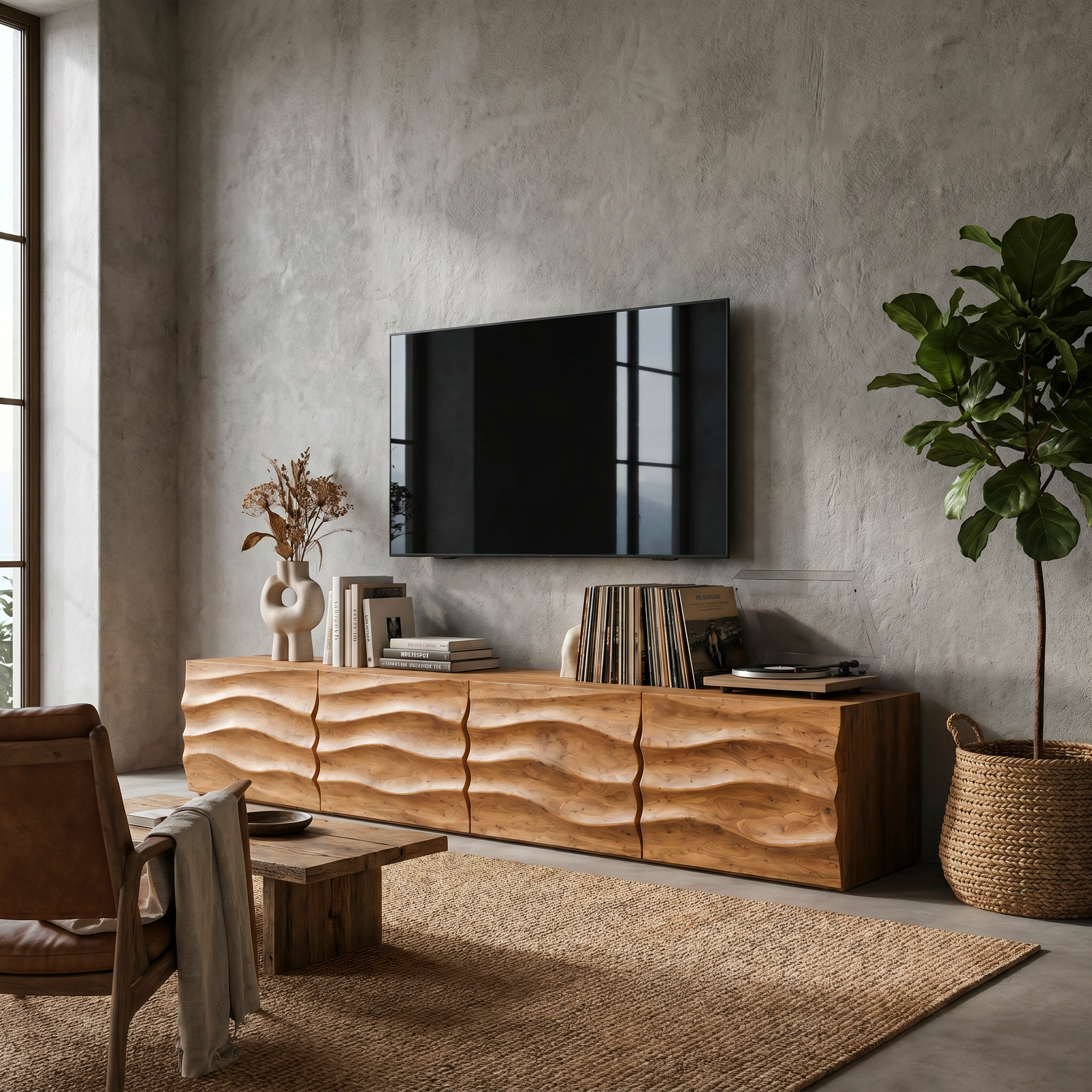 Organic TV Cabinet With Wave Front Doors And Built In Storage For Living Room SINLHATC041