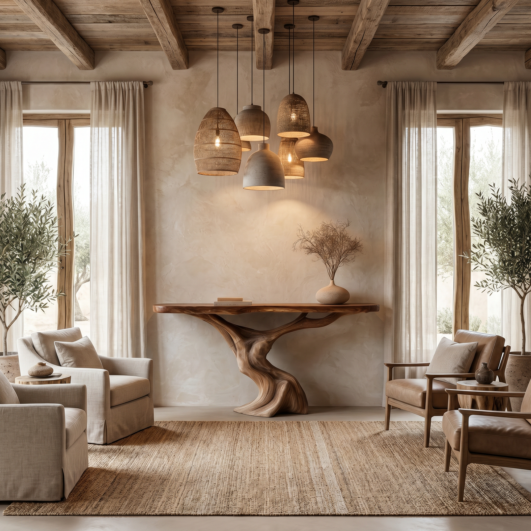 Rustic Organic Console Table With Unique Sculptural Tree Inspired Wood Base For Entryway And Living Room SINLHACS587