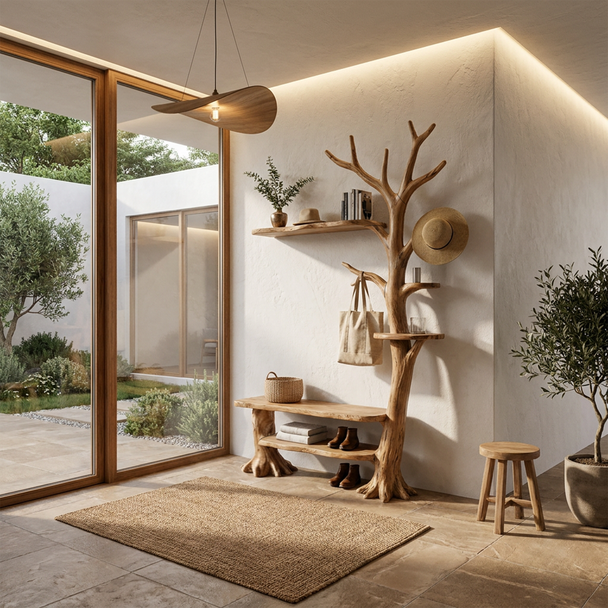 Rustic Tree Coat Rack With Integrated Bench And Floating Display Shelves For Entryway SINLHATCR118