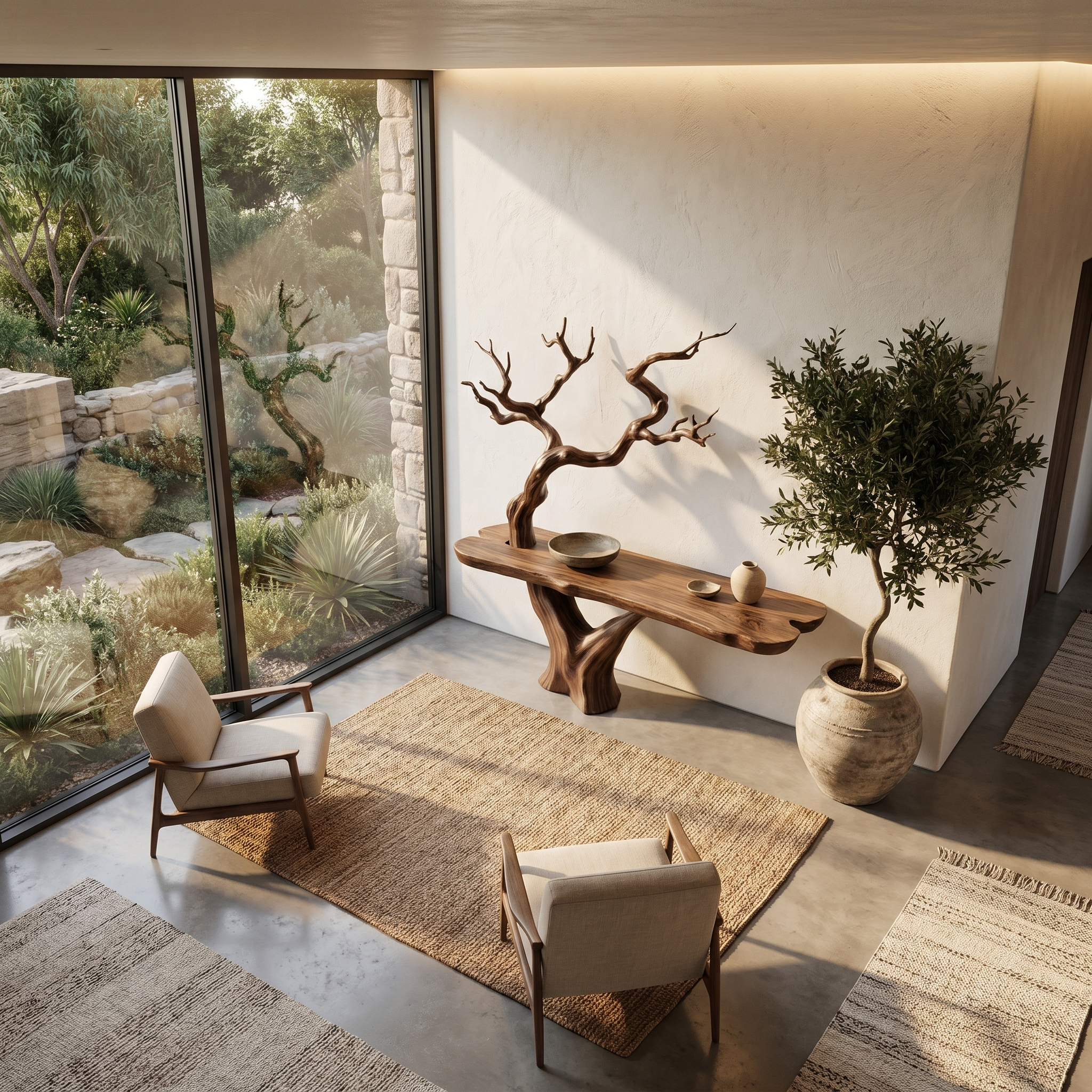 Rustic Console Table With Sculptural Tree Branch Base And Live Edge Wood Top For Entryway And Living Room SINLHACS613