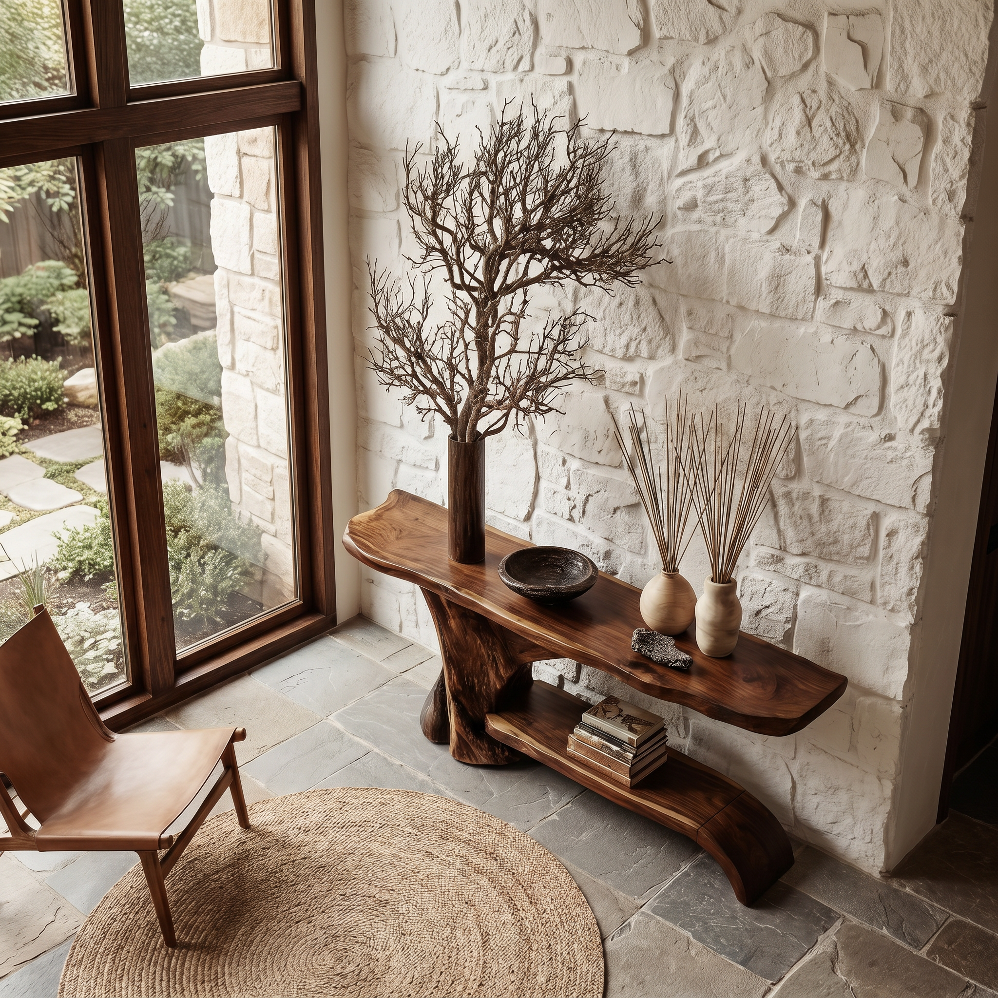 Rustic Live Edge Console Table With Natural Tree Form Base For Living Room SINLHACS615