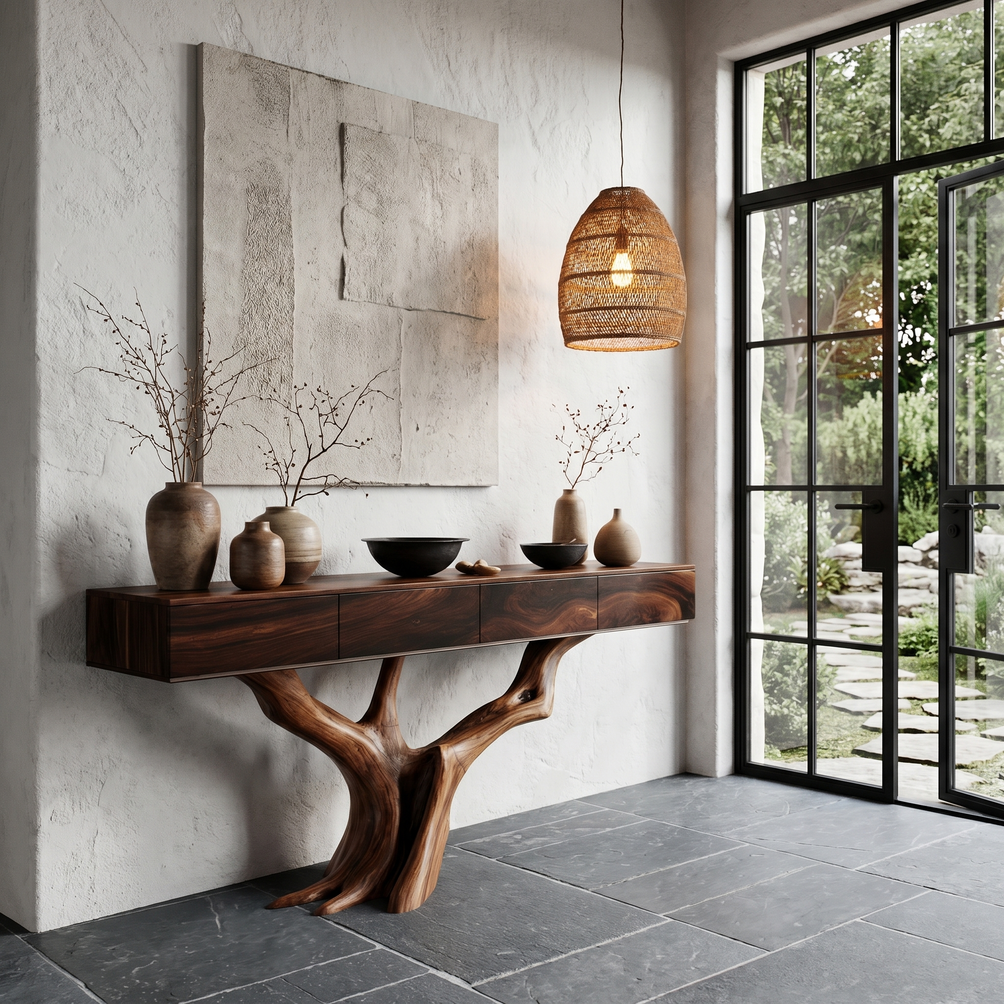 Rustic Live Edge Console Table With Sculptural Tree Branch Base For Entryway And Living Room SINLHACS616