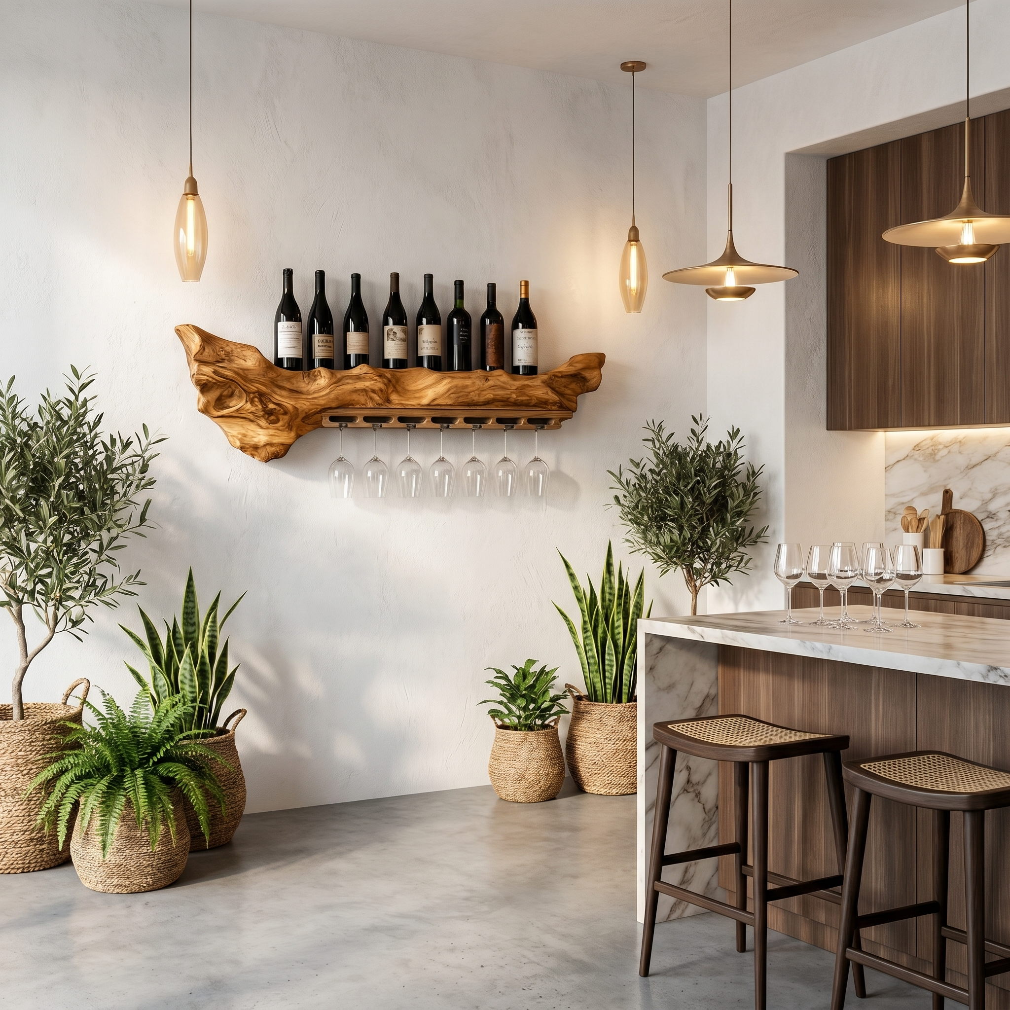 Rustic Live Edge Wall Mounted Wine Rack With Glass Holder And Bottle Storage For Kitchen And Dining Room SINLHAWR030