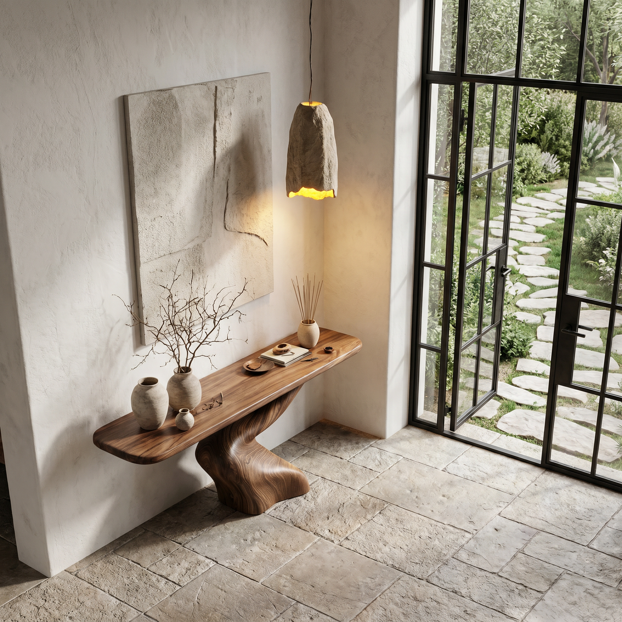 Organic Console Table With Sculptural Twisted Solid Wood Base For Entryway And Living Room SINLHACS617