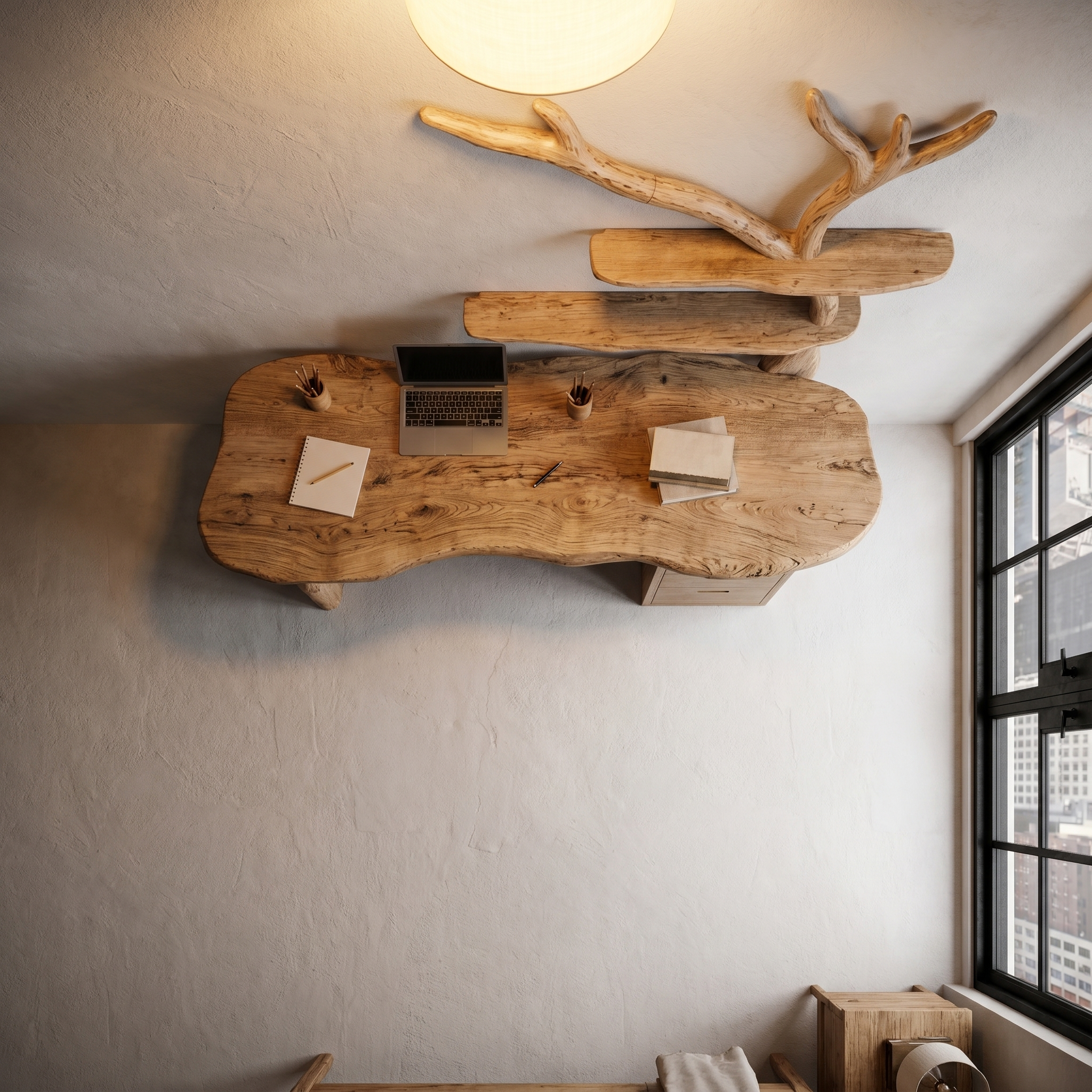 Organic Wooden Desk With Tree Branch Bookshelf And Built In Drawer Storage For Home Office And Workspace SINLHADK115
