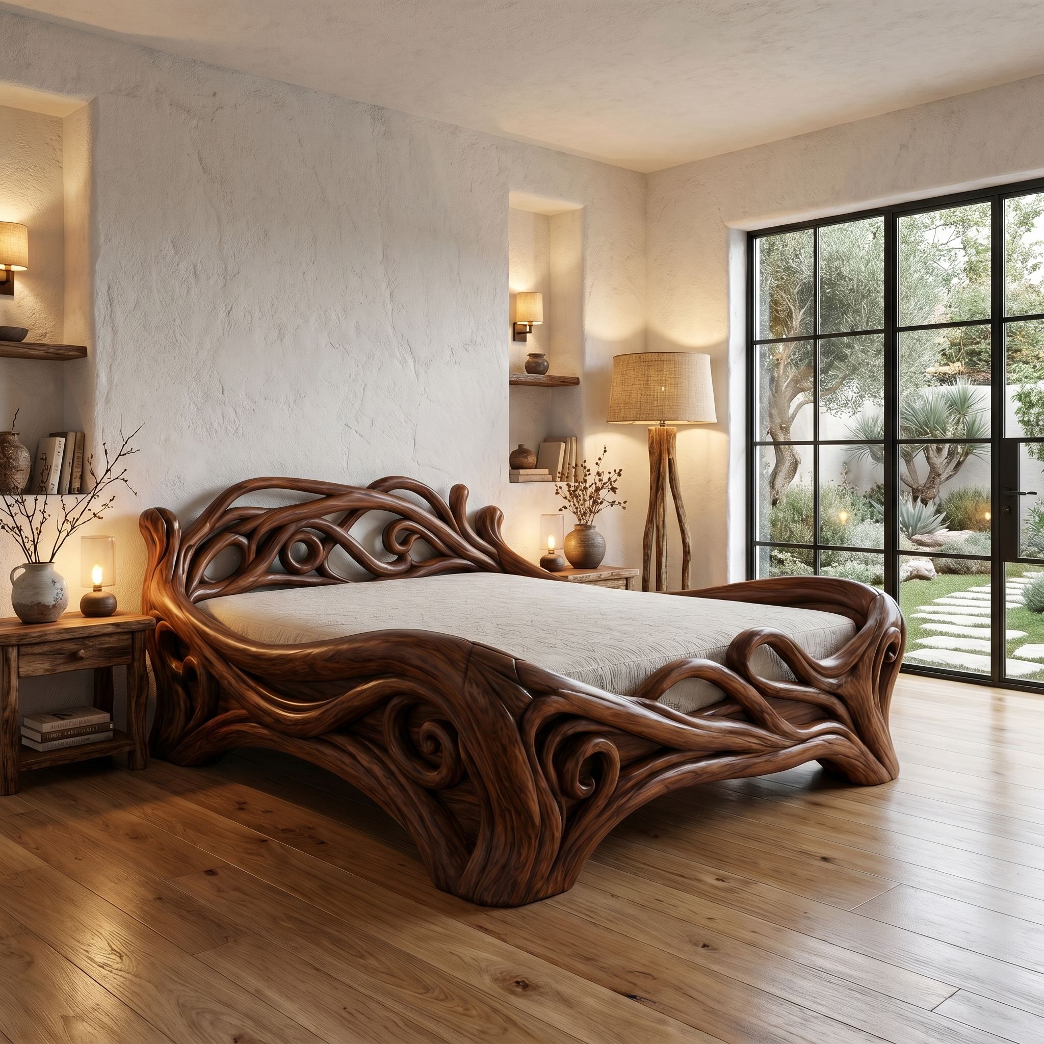 Organic Sculptural Bed Frame With Flowing Root Inspired Wood Design For Bedroom SINLHAWB121