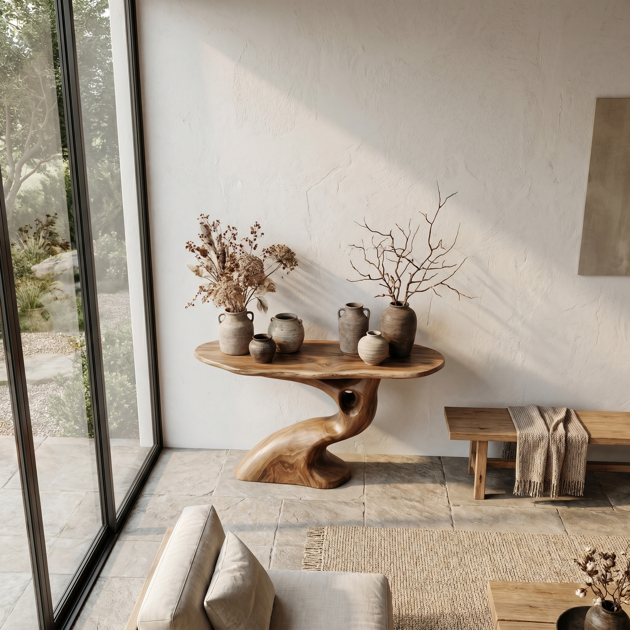 Tree Inspired Console Table With Sculptural Wood Structure For Hallway SINLHACS623