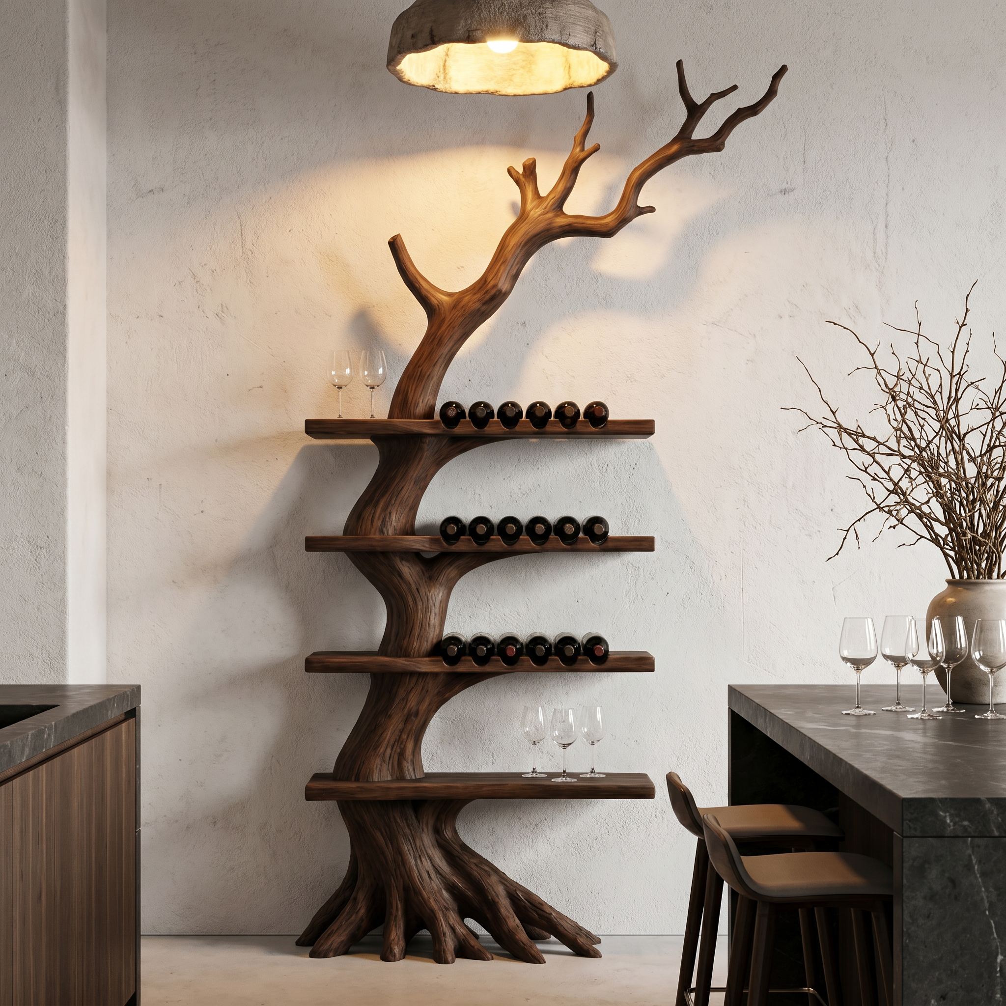 Rustic Tree Wine Rack With Solid Wood Shelves And Branch Inspired Wall Mounted Design For Dining Room SINLHAWR034