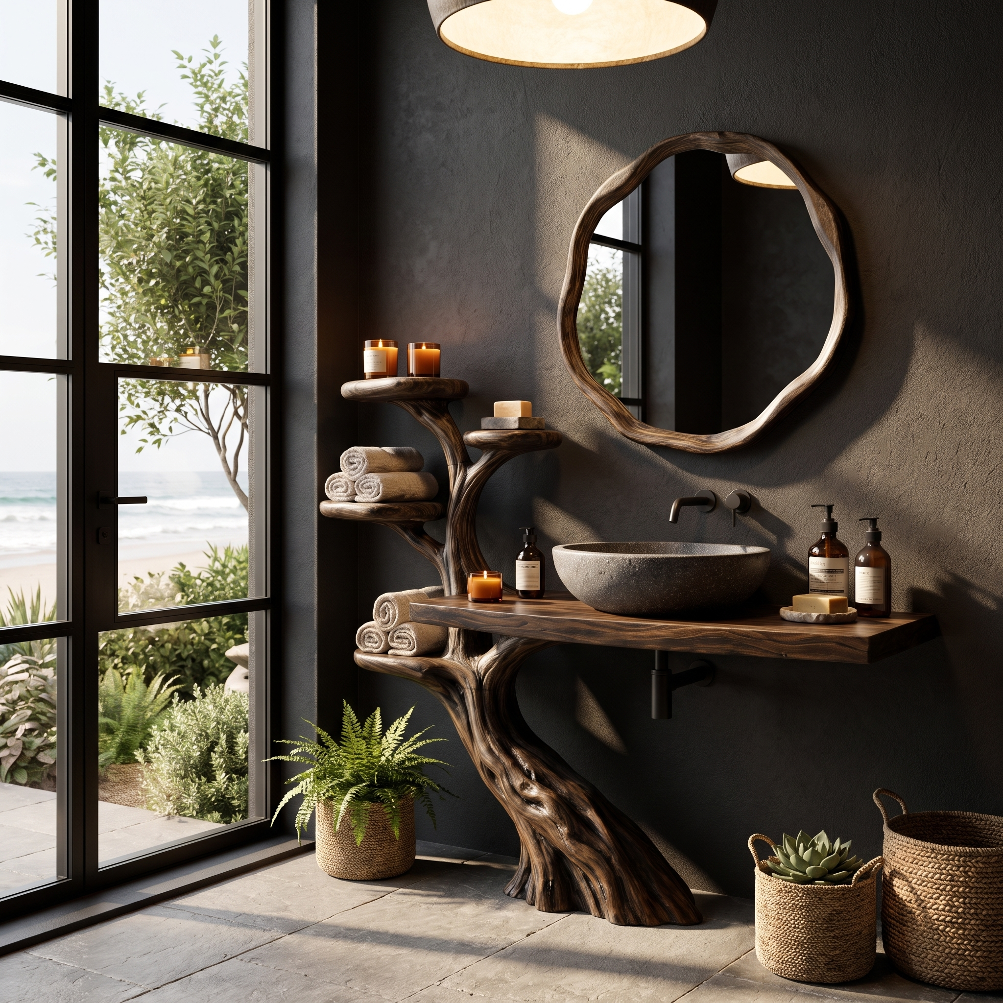Rustic Bathroom Vanity With Sculptural Wood Structure For Bathroom SINLHABRV321